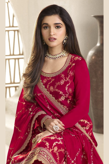 Red Jacquard Silk Palazzo Suit For Indian Festivals & Pakistani Plazo Weddings Dress - Embroidery Work