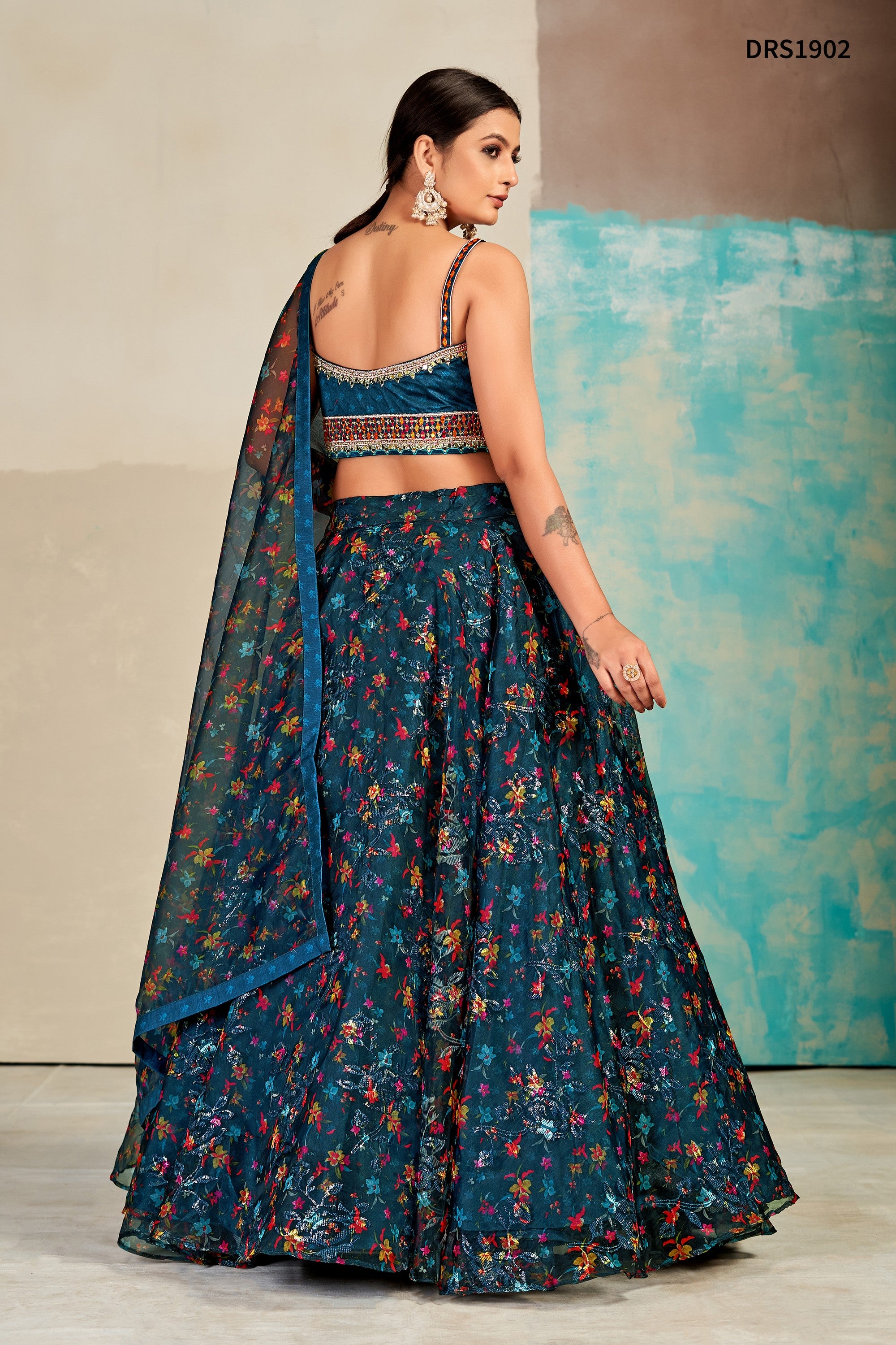 Floral Turquoise Blue Organza Lehenga Choli Online Shopping India USA –  Sunasa