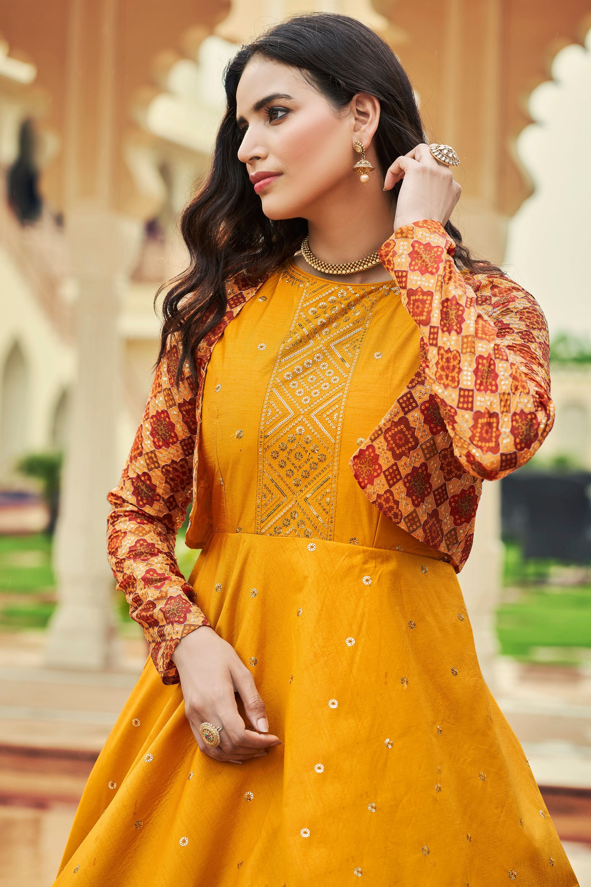 Shubhkala Yellow Cotton Jacket Anarkali Suit for Indian Festivals Weddings Thread Work Sequence Embroidery Work Yellow Xs 34