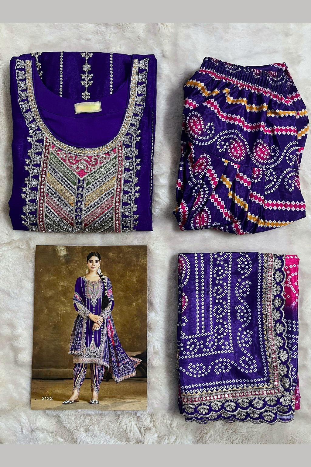 Dark Blue Chinon Silk Kameez with Dhoti For Indian Festivals & Weddings - Embroidery Work, Print Work, Mirror Work