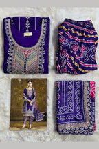 Dark Blue Chinon Silk Kameez with Dhoti For Indian Festivals & Weddings - Embroidery Work, Print Work, Mirror Work