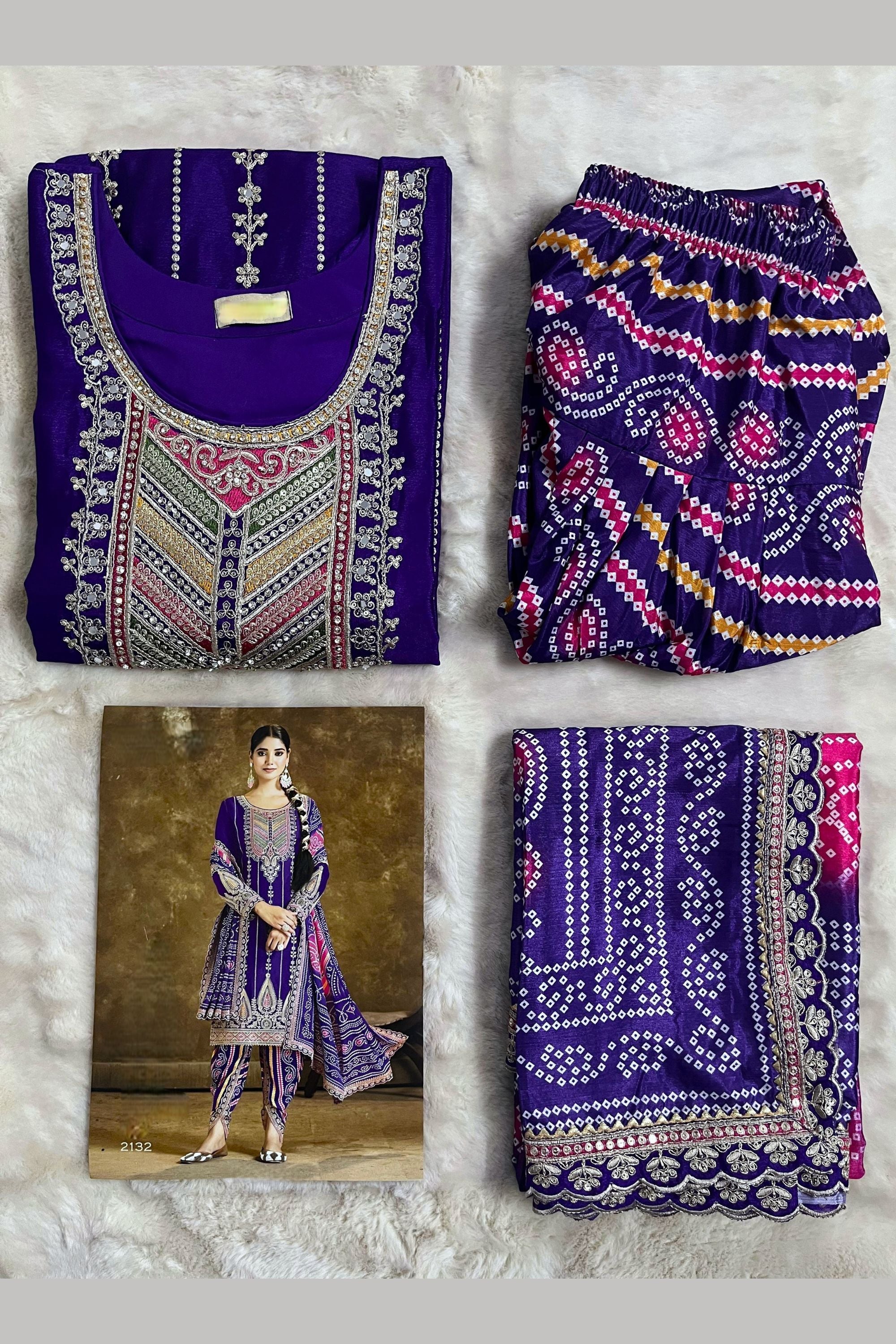 Dark Blue Chinon Silk Kameez with Dhoti For Indian Festivals & Weddings - Embroidery Work, Print Work, Mirror Work