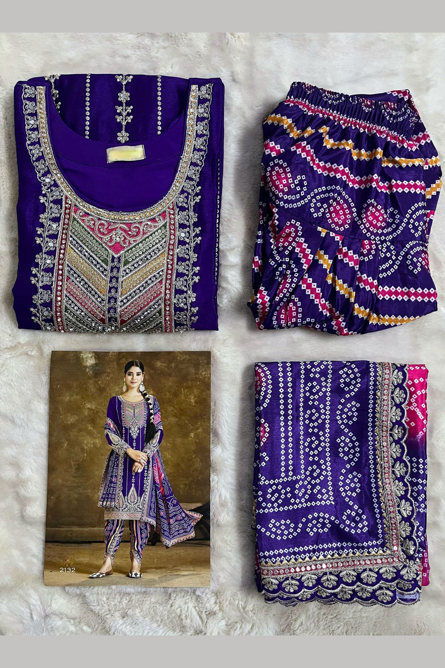 Dark Blue Chinon Silk Kameez with Dhoti For Indian Festivals & Weddings - Embroidery Work, Print Work, Mirror Work