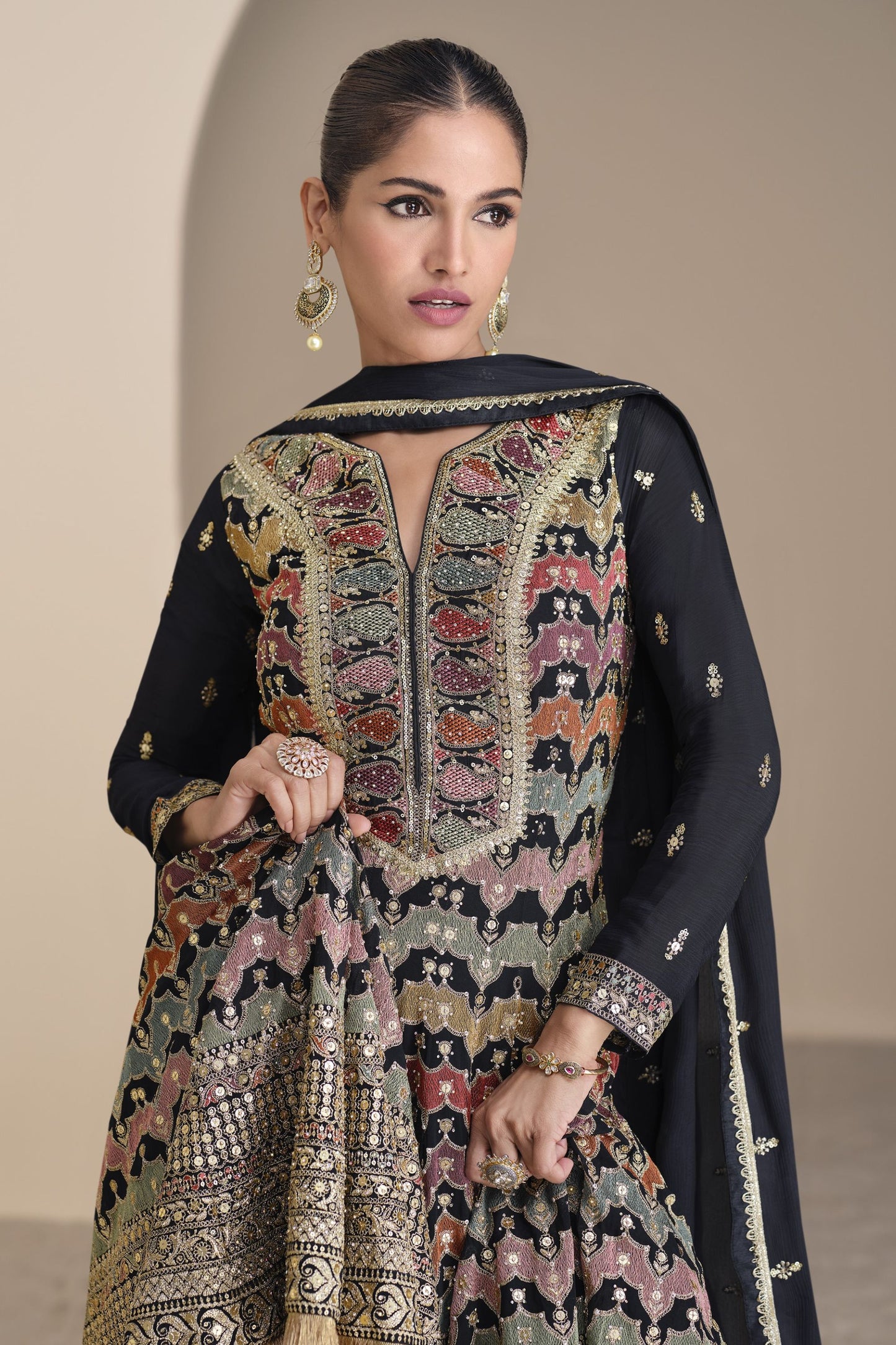 Black Georgette Palazzo Suit Dress For Indian Festivals & Pakistani Weddings - Embroidery Work, Swarovski Work