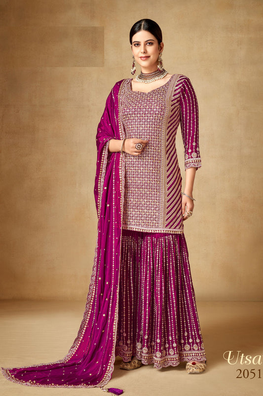 Pink Chinon Silk Sharara Suits Dress for Indian Festival & Pakistani Wedding - Sequence Embroidery Work, Zari Work