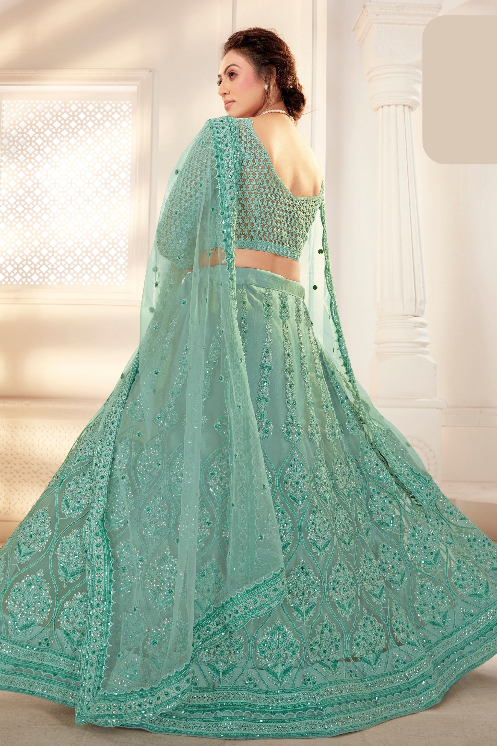 Green Pakistani Net Lehenga Choli For Indian Festivals & Weddings - Thread Embroidery Work, Zarkan Work
