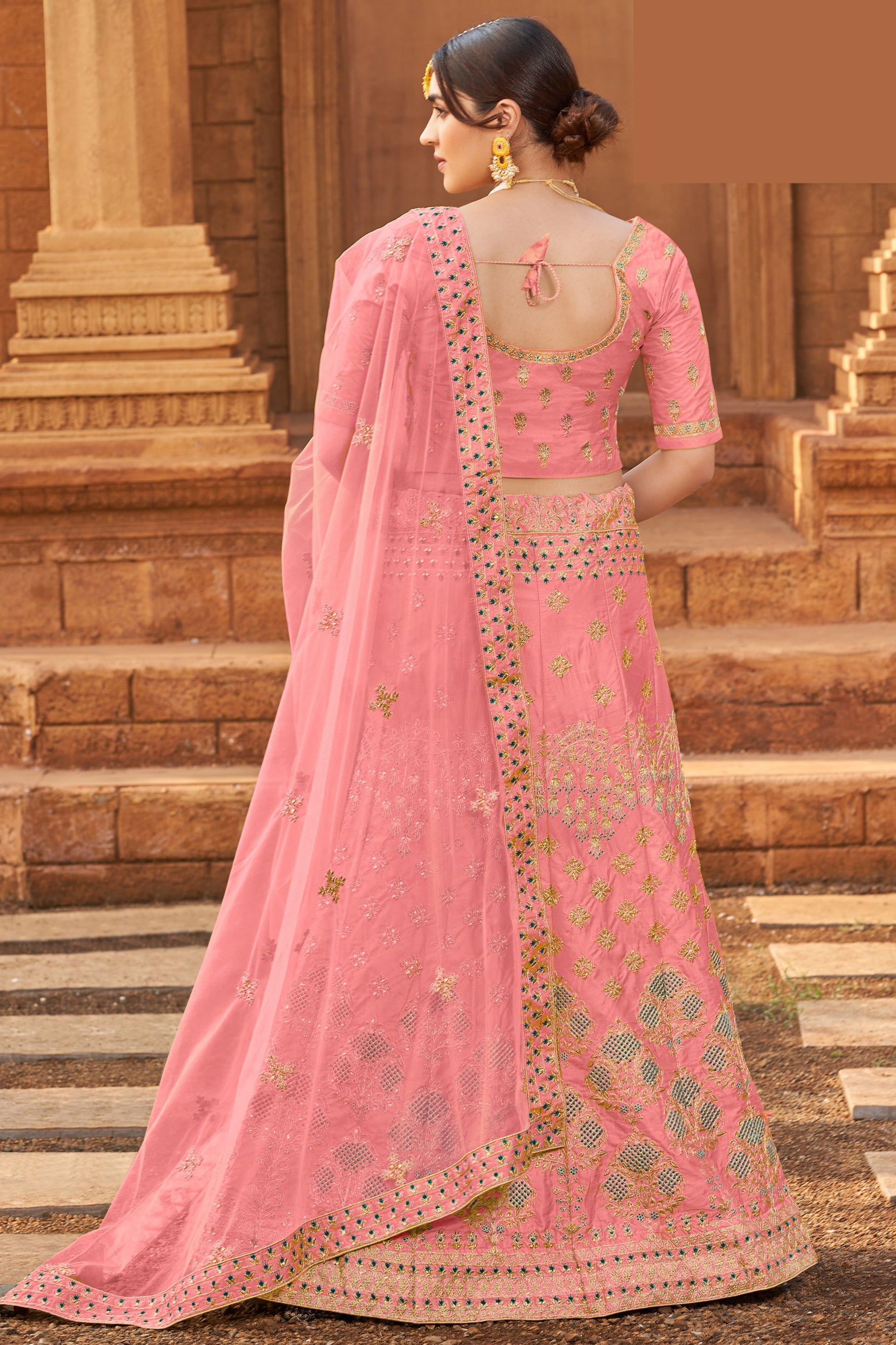 Pink Pakistani Satin Lehenga Choli For Indian Festivals & Weddings - Thread Embroidery Work,