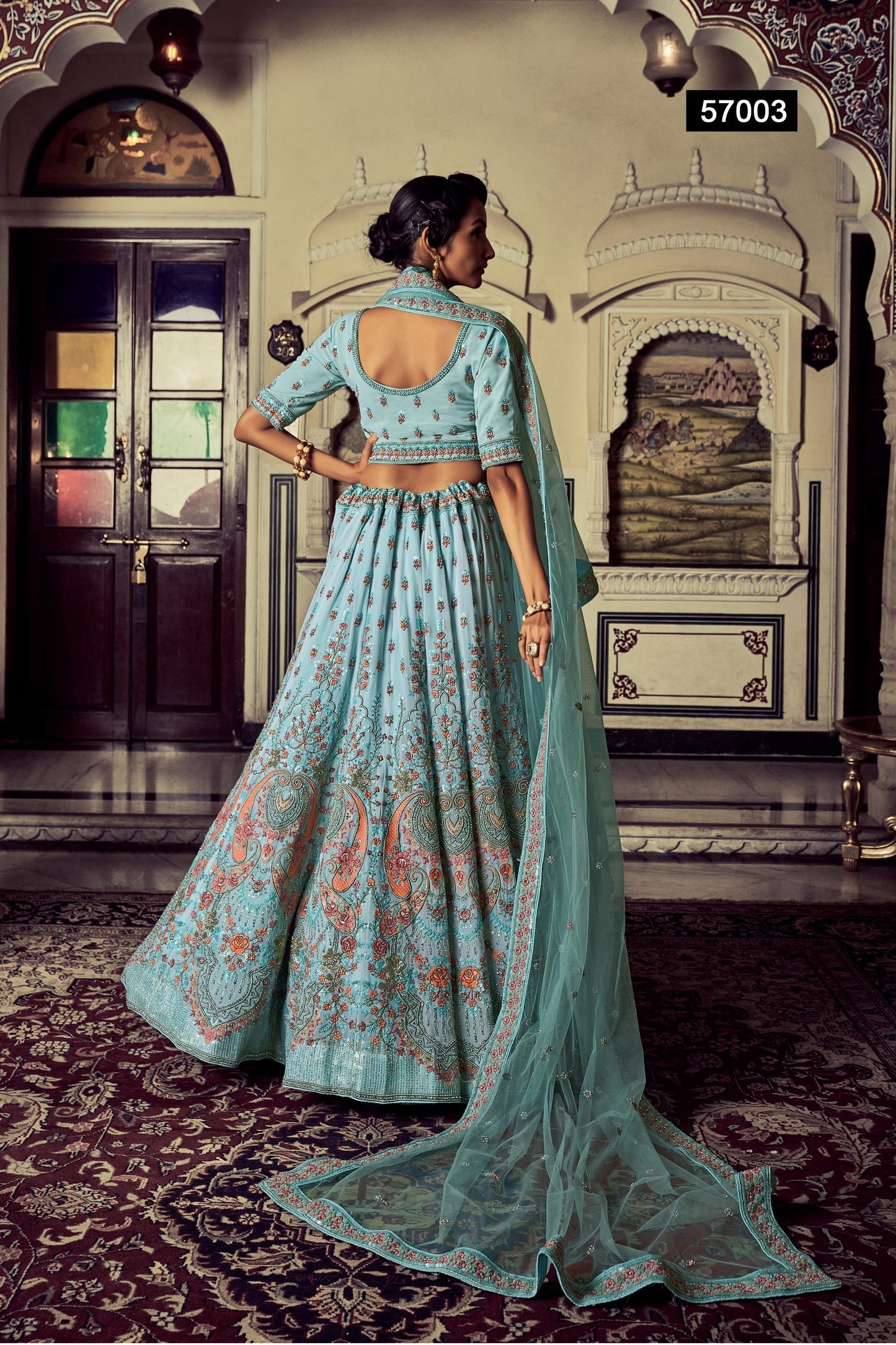 Turquoise Pakistani Georgette Lehenga Choli For Indian Festivals & Weddings - Sequence Embroidery Work, Thread Embroidery Work, Zari Work, Zarkan Work