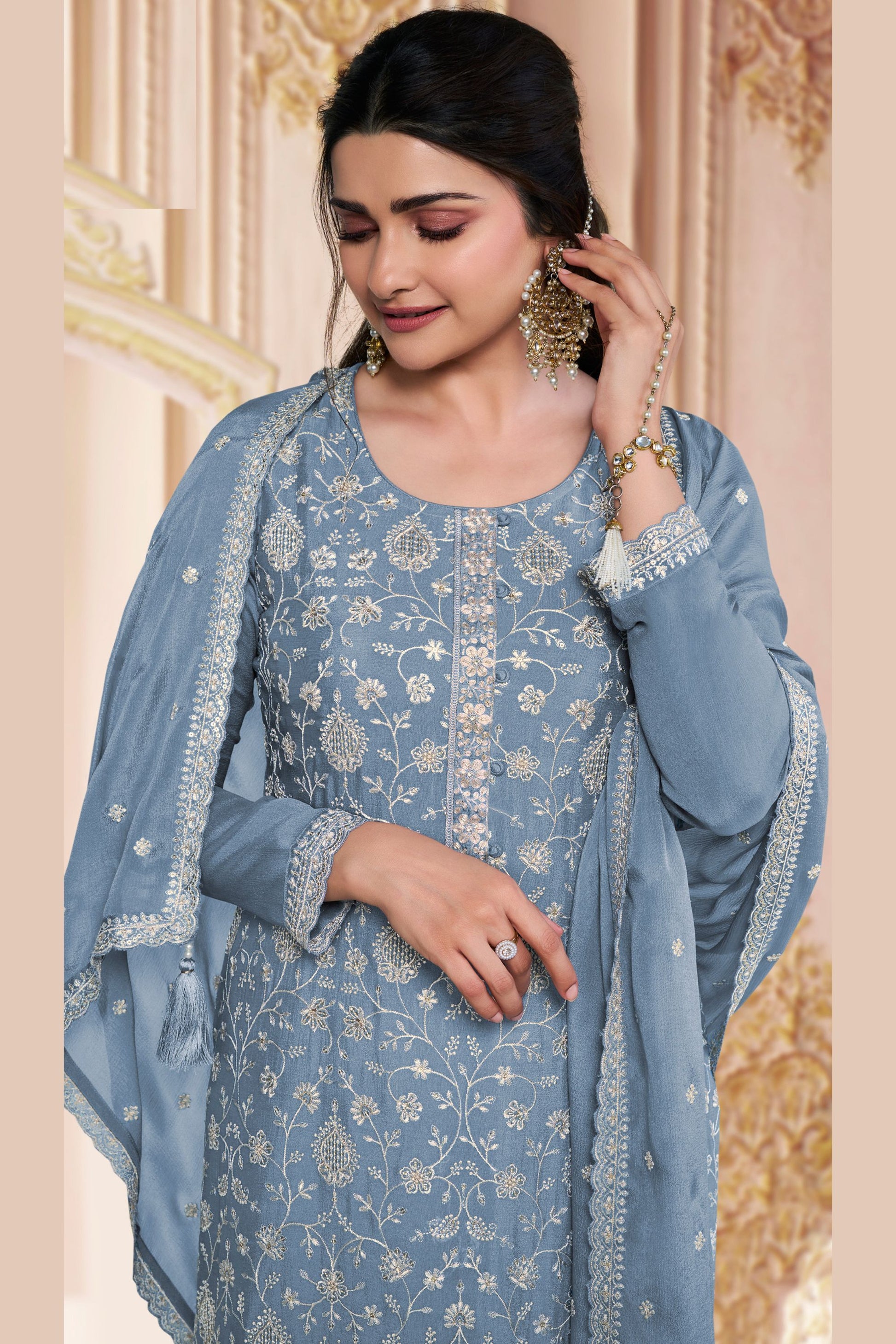 Dusty Blue Chinon Silk Long Kameez Suit with Pant and Dupatta For Indian Festivals & Weddings - Embroidery Work