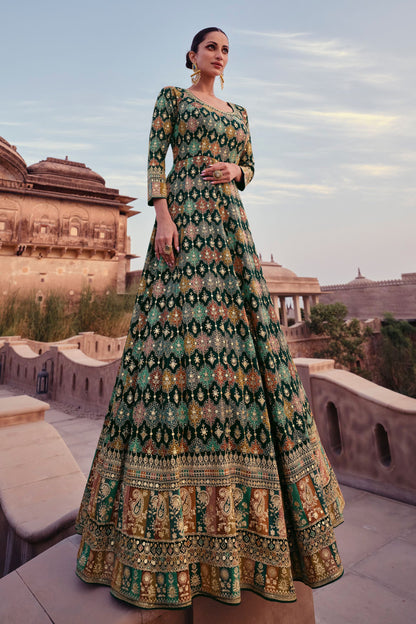 Green Georgette Floor Full Length Anarkali Gown For Indian Festivals & Pakistani Weddings - Embroidery Work