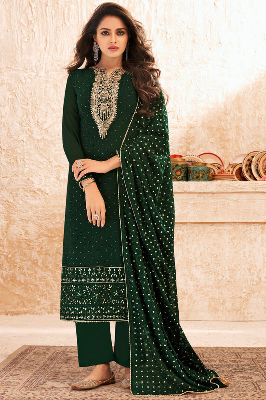 Dark Green Georgette Kameez Suit For Indian Festivals & Pakistani Weddings - Embroidery Work