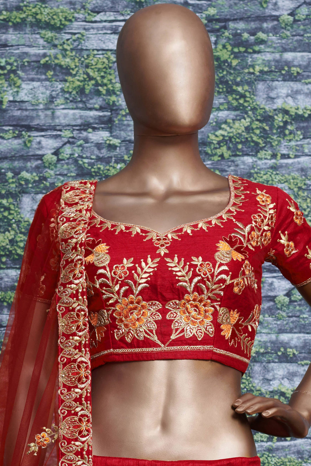 Red Ghagra Choli for Ladies in Slub Silk with Dori, Zari Work & Sequin