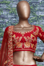Red Ghagra Choli for Ladies in Slub Silk with Dori, Zari Work & Sequin