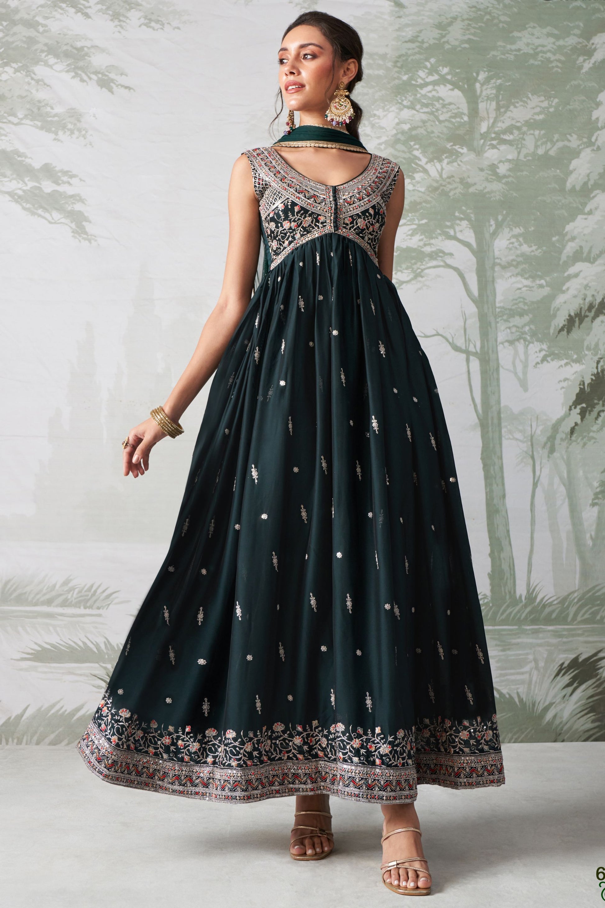 Teal Georgette Anarkali Gown For Indian Festivals & Weddings - Thread Embroidery Work, Zari Work, Seqeuence Work