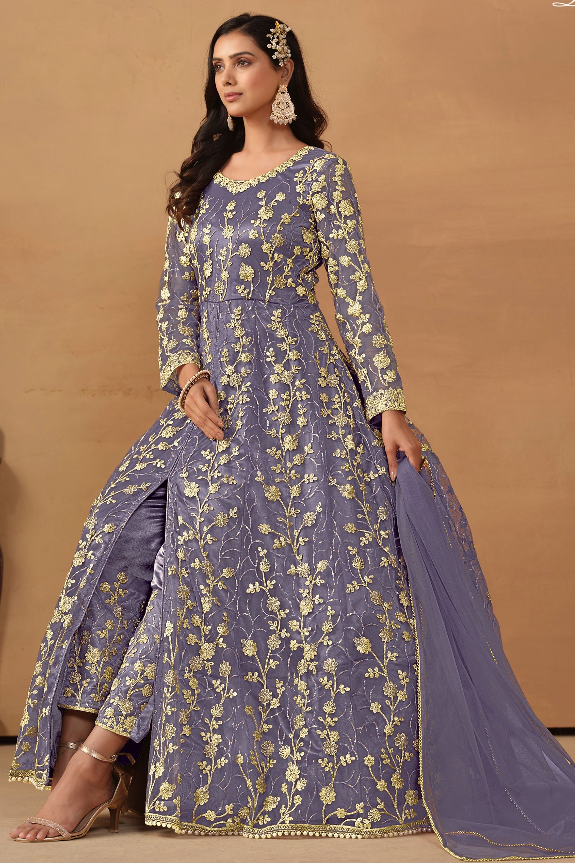 Purple Net Full Length Anarkali Dress with Front Slit For Indian Festivals & Weddings - Thread & Sequence Embroidery Work