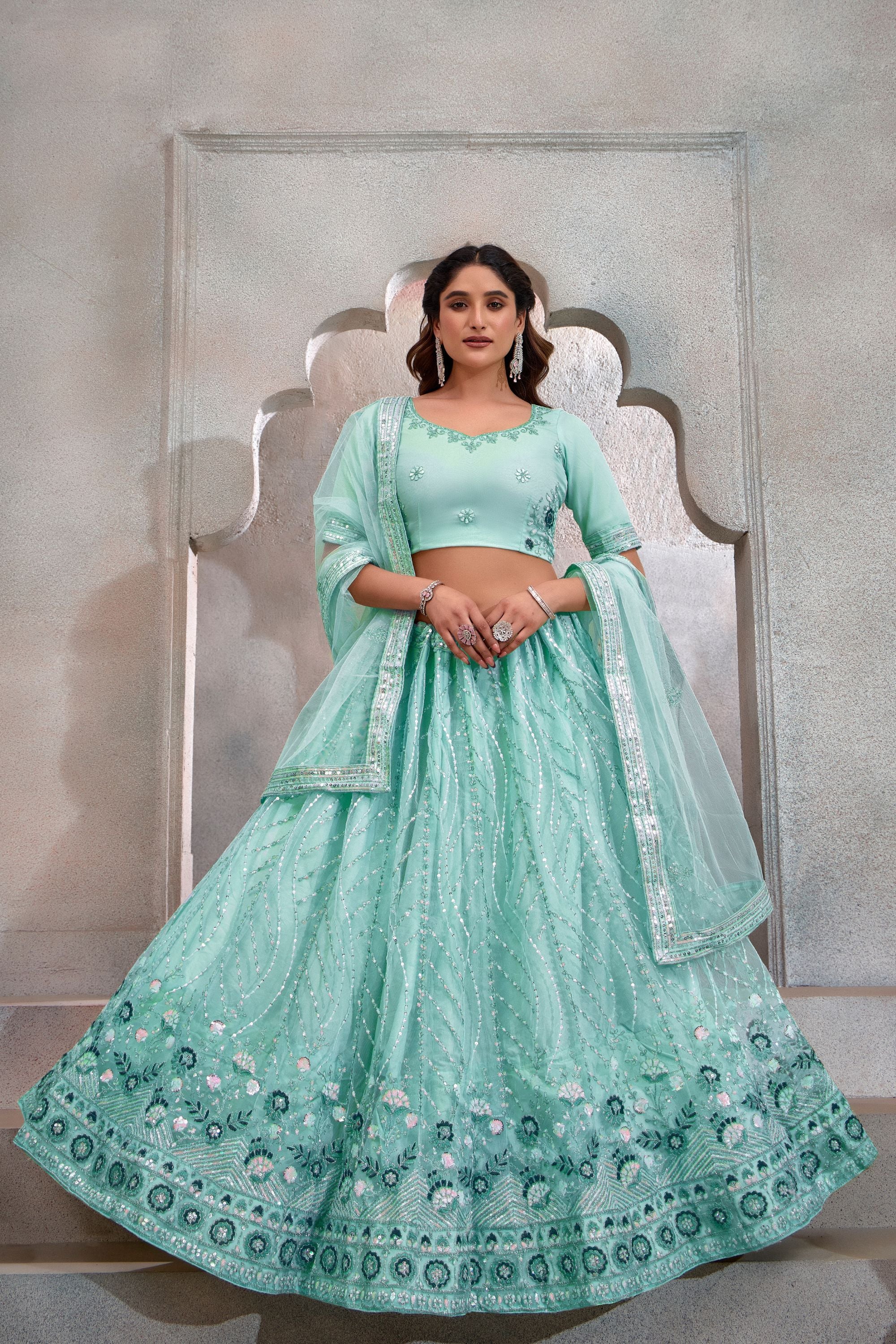 Cyan Net Lehenga Choli For Indian Festival & Weddings - Thread Embroidery Work, Sequence Embroidery Work