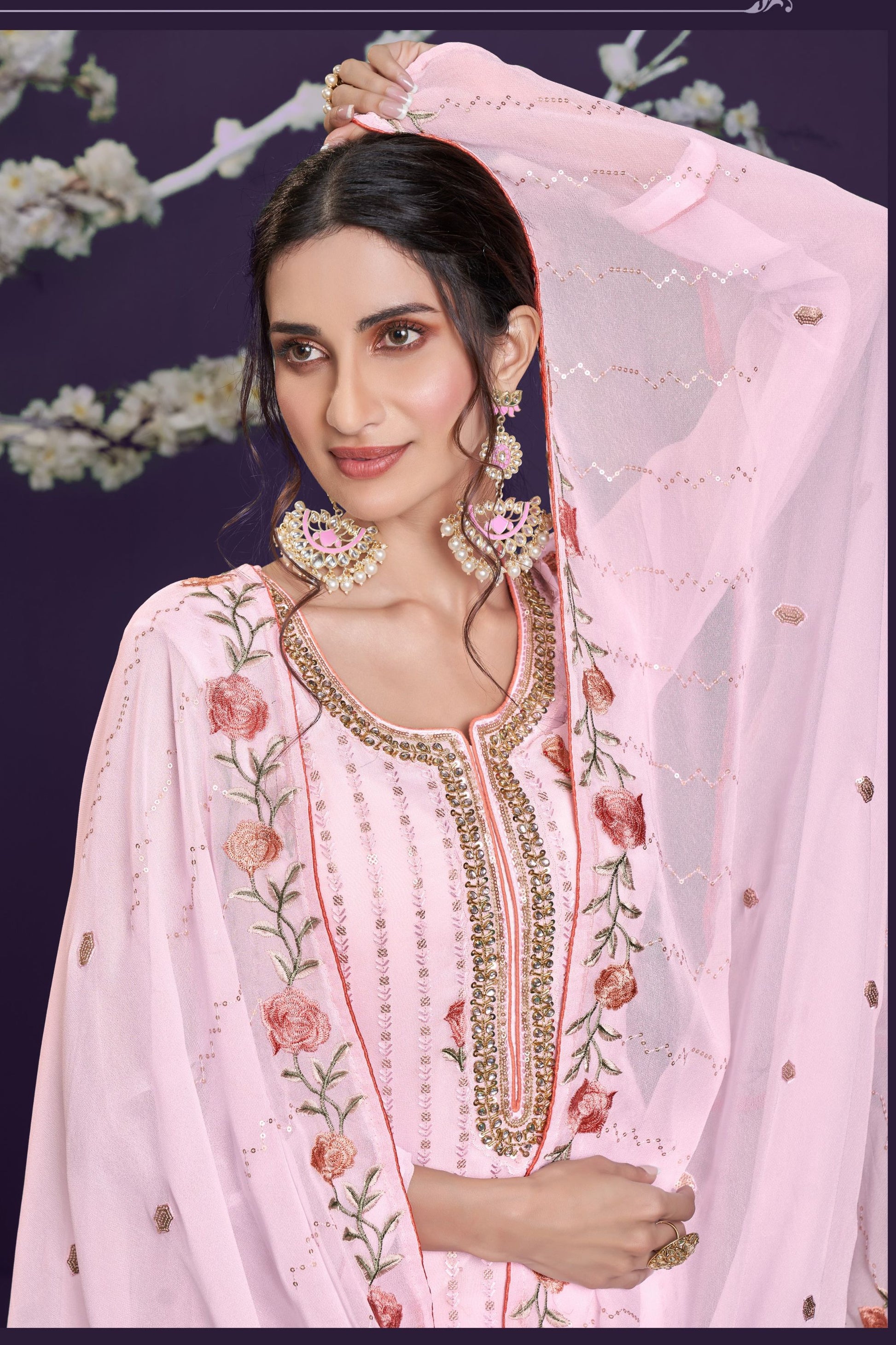 Pink Georgette Sharara For Indian Festivals & Weddings - Thread Embroidery Work, Zari Work, Khatli Work, Sequence Embroidery Work