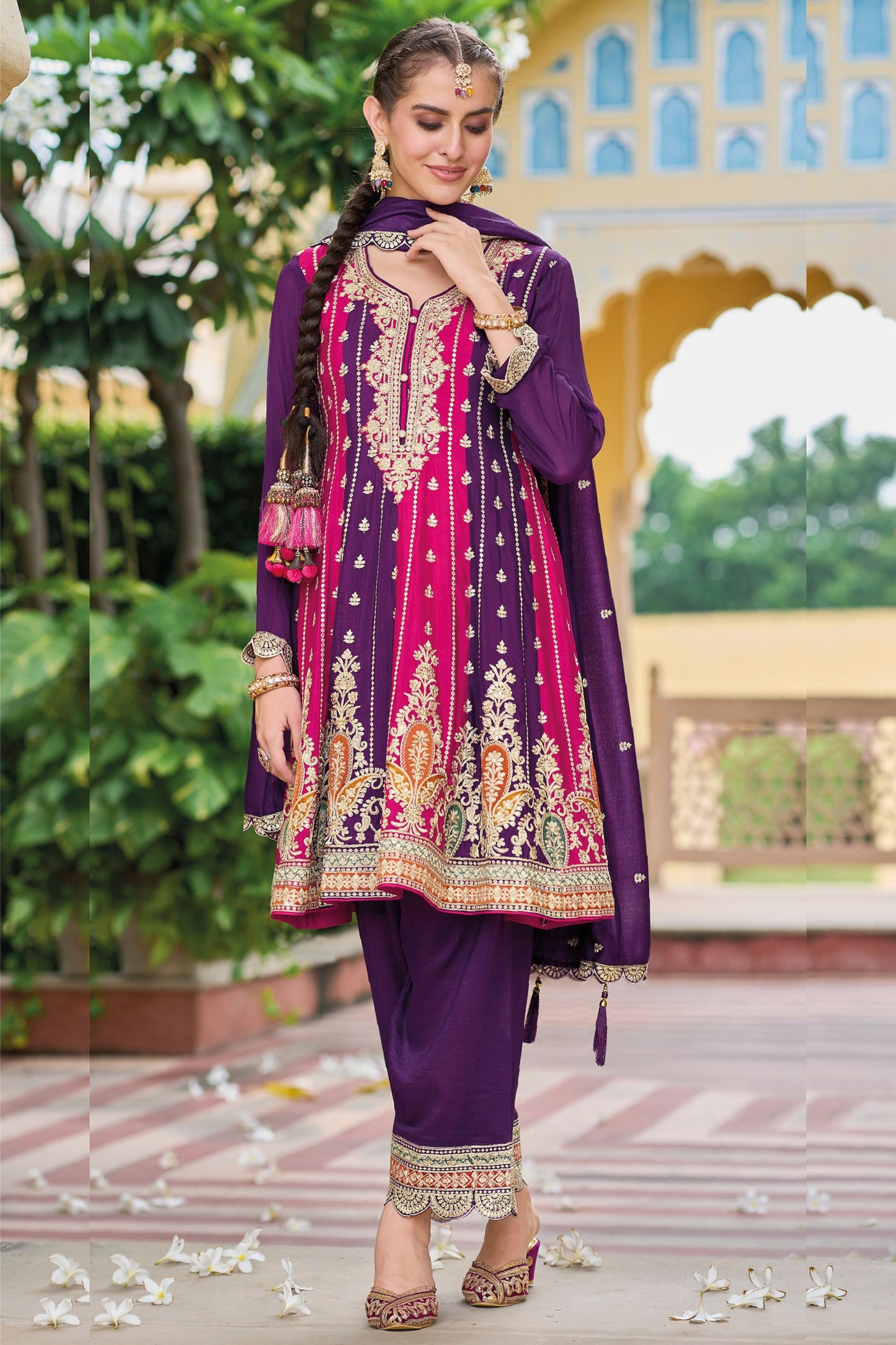 Purple Pink Silk Salwar Kameez with Pant For Indian Festivals & Weddings - Embroidery Work