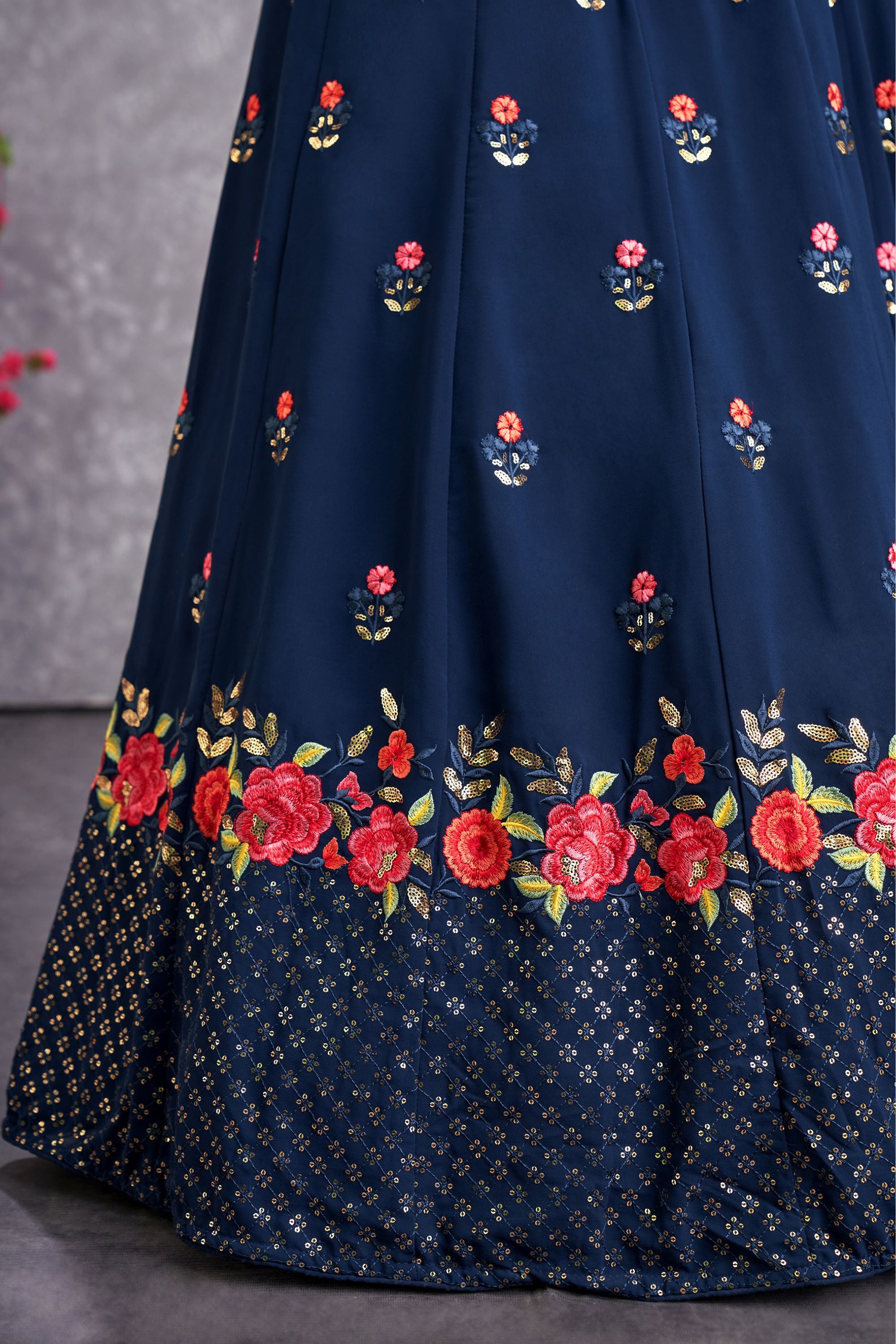 Navy Blue Georgette Floral Embroidery Lehenga Choli For Indian Festivals & Weddings - Sequence Embroidery Work, Thread Embroidery Work, Mirror Work