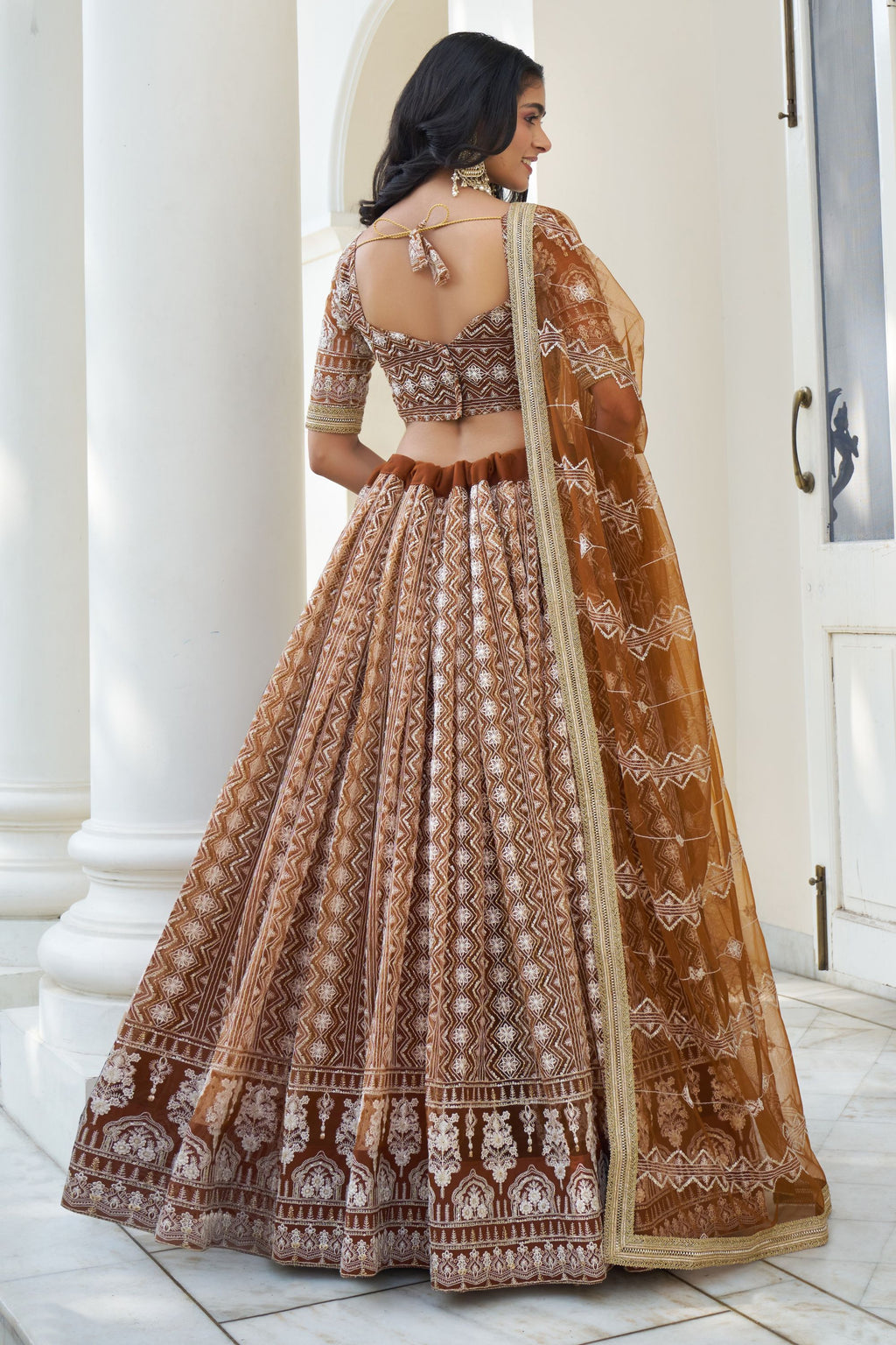 Brown Net Embroidered Lehenga Choli For Indian Festival & Weddings - Thread Embroidery Work, Sequence Embroidery Work
