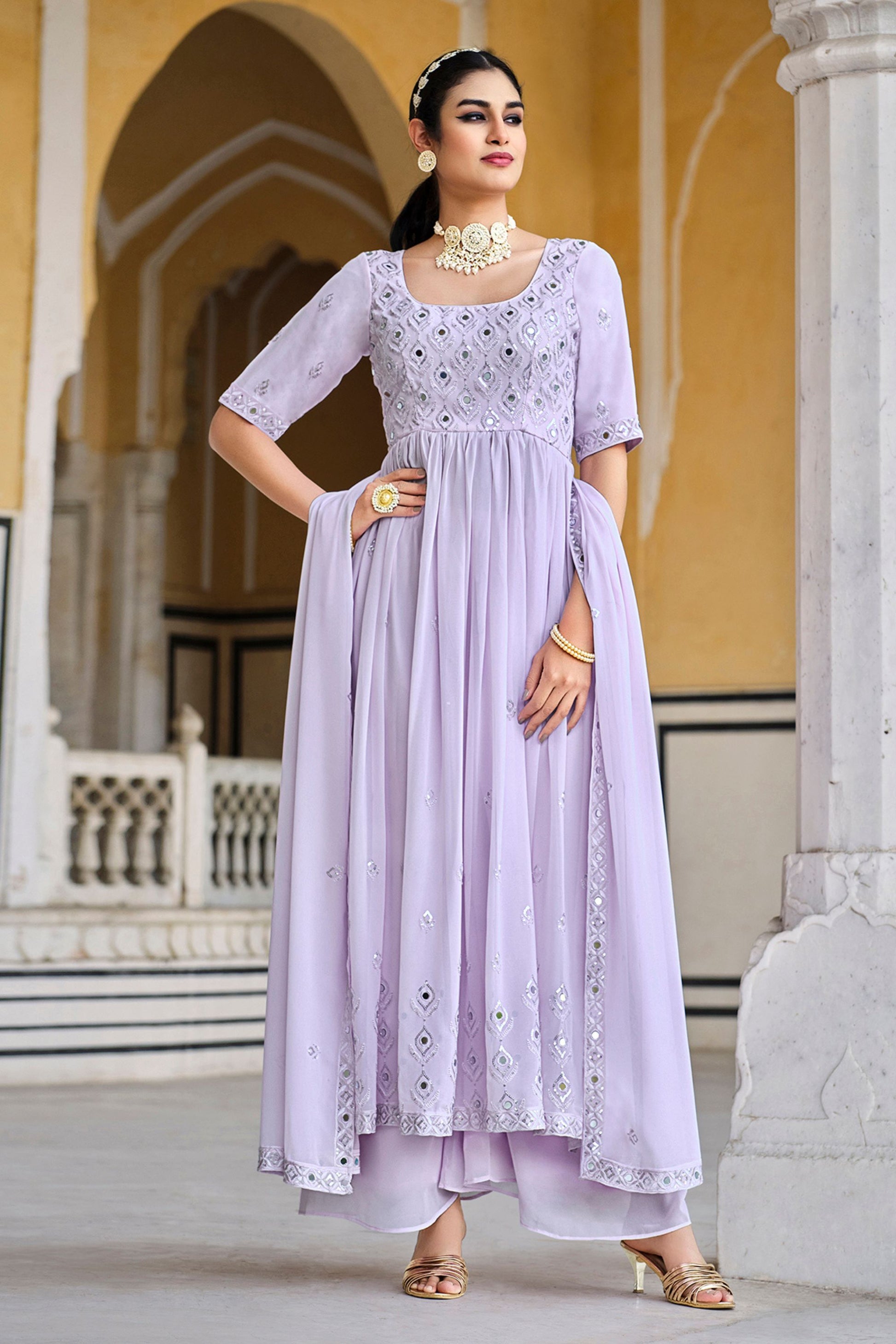 Purple Pakistani Georgette Plazo For Indian Festivals & Weddings - Sequence Embroidery Work, Thread Embroidery Work, Mirror Work