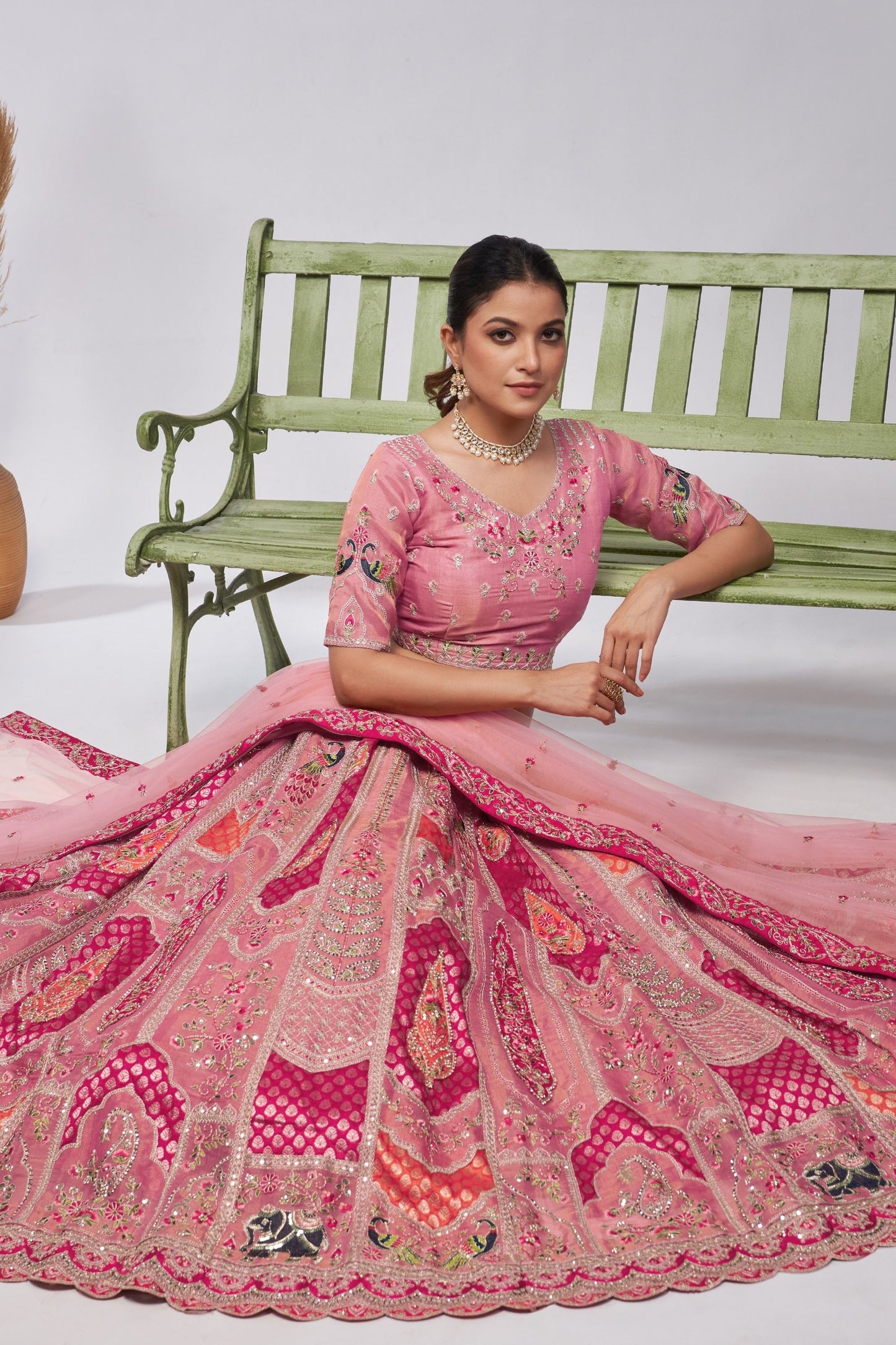 Pink Zari Silk Lehenga Choli For Indian Festivals & Weddings - Sequins Work, Patch Work, Zarkan Work, Thread Work