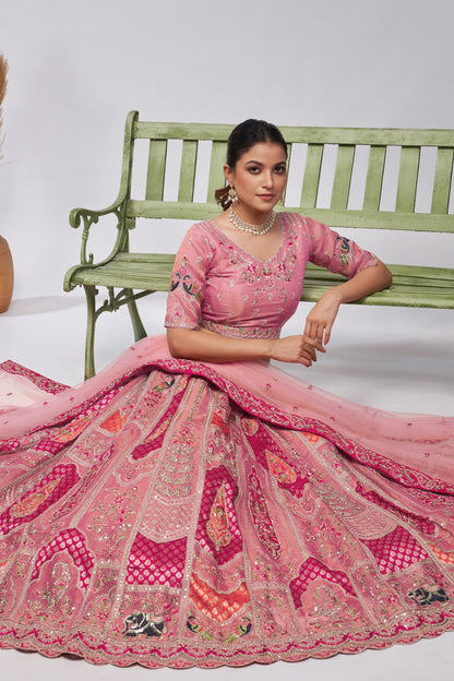 Pink Zari Silk Lehenga Choli For Indian Festivals & Weddings - Sequins Work, Patch Work, Zarkan Work, Thread Work