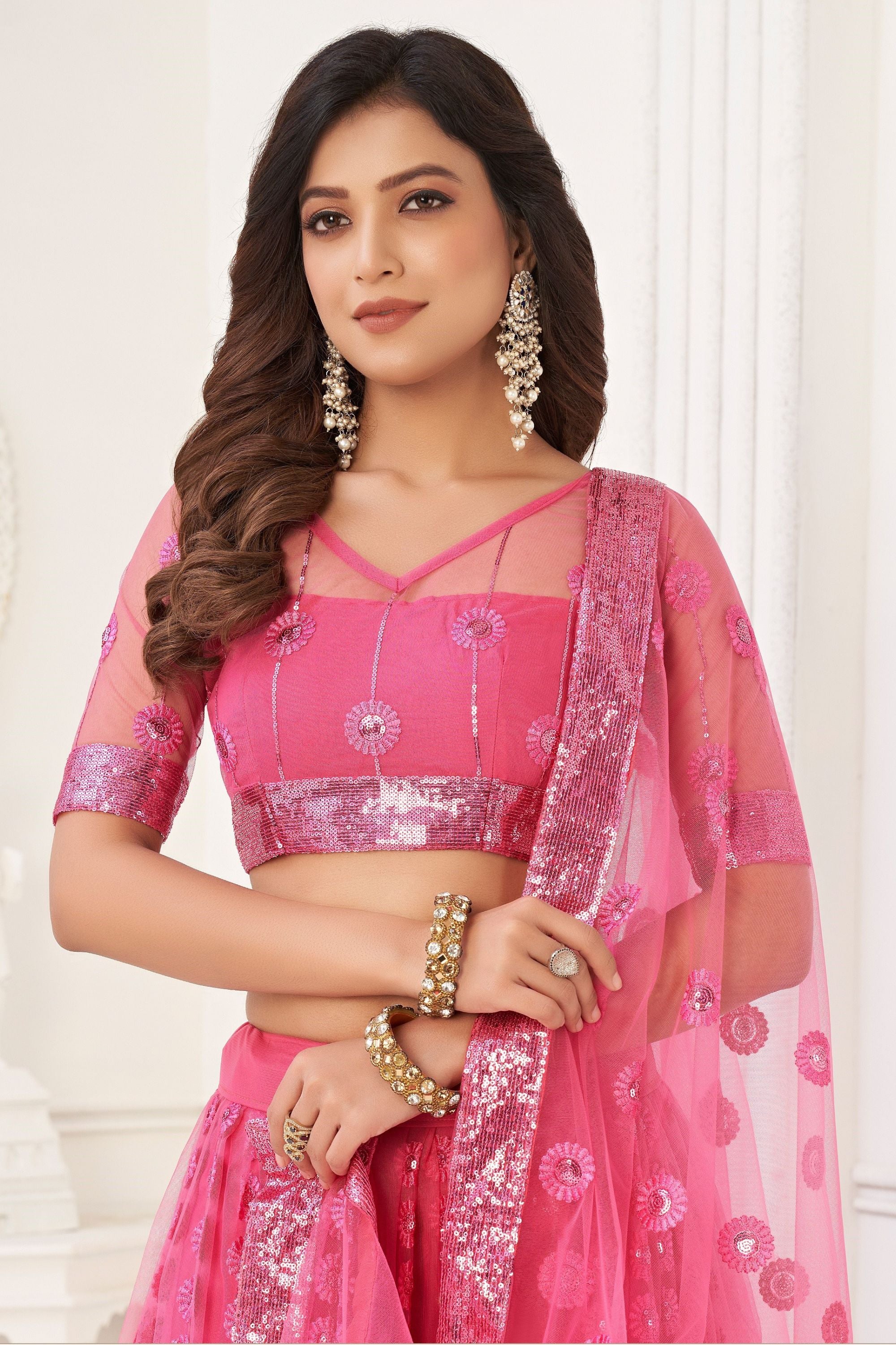 Pink Net Embroidered Lehenga Choli For Indian Festival & Weddings - Embroidery Work