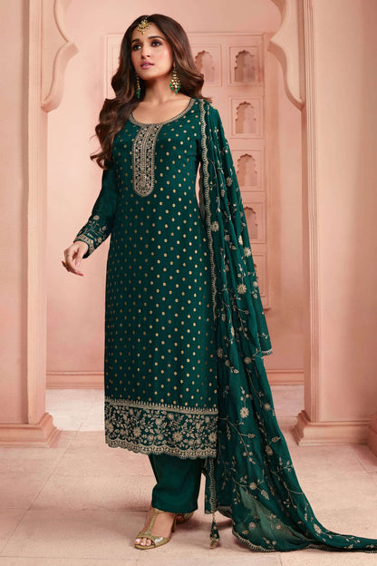 Teal Silk Salwar Kameez Suit For Indian Festivals & Pakistani Weddings Dress - Thread Embroidery Work