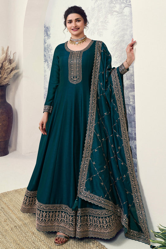 Teal Georgette Silk Floor Length Long Anarkali Suit For Indian Festivals & Pakistani Weddings Dress - Embroidery Work