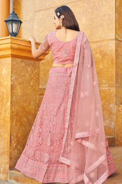 Pink Pakistani Net Lehenga Choli For Indian Festivals & Weddings - Thread Embroidery Work, Mirror Work