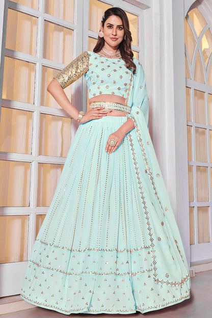 Teal Georgette Lehenga Choli Set For Indian Festivals & Weddings - Sequence Work & Thread Embroidery Work