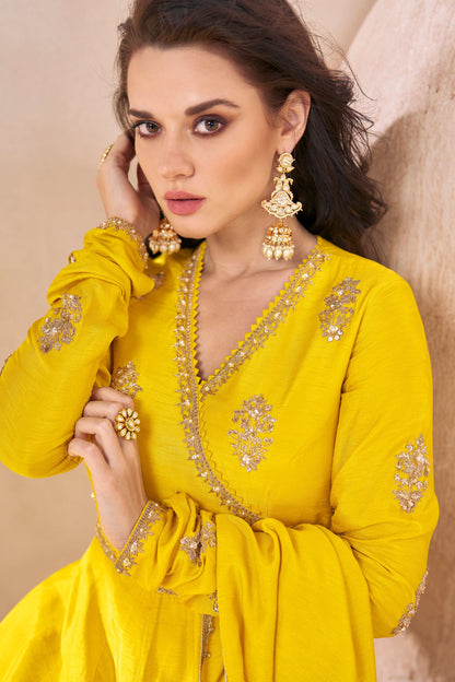 Yellow Silk Floor Full Length Flower Embroidered Anarkali Gown For Indian Festivals & Weddings - Embroidery Work