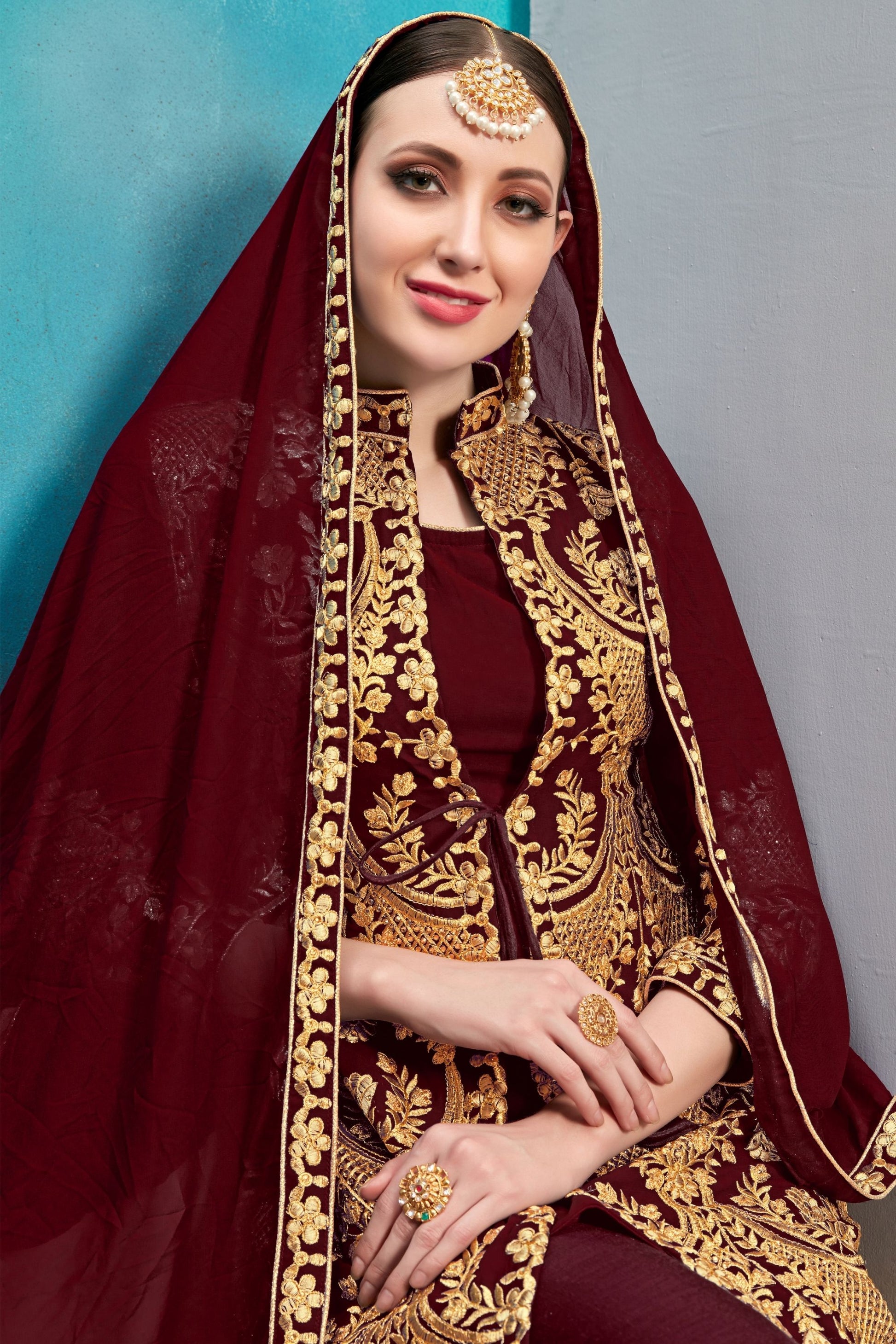 Maroon Pakistani Georgette Salwar Kameez For Indian Festivals & Weddings - Thread Embroidery Work,