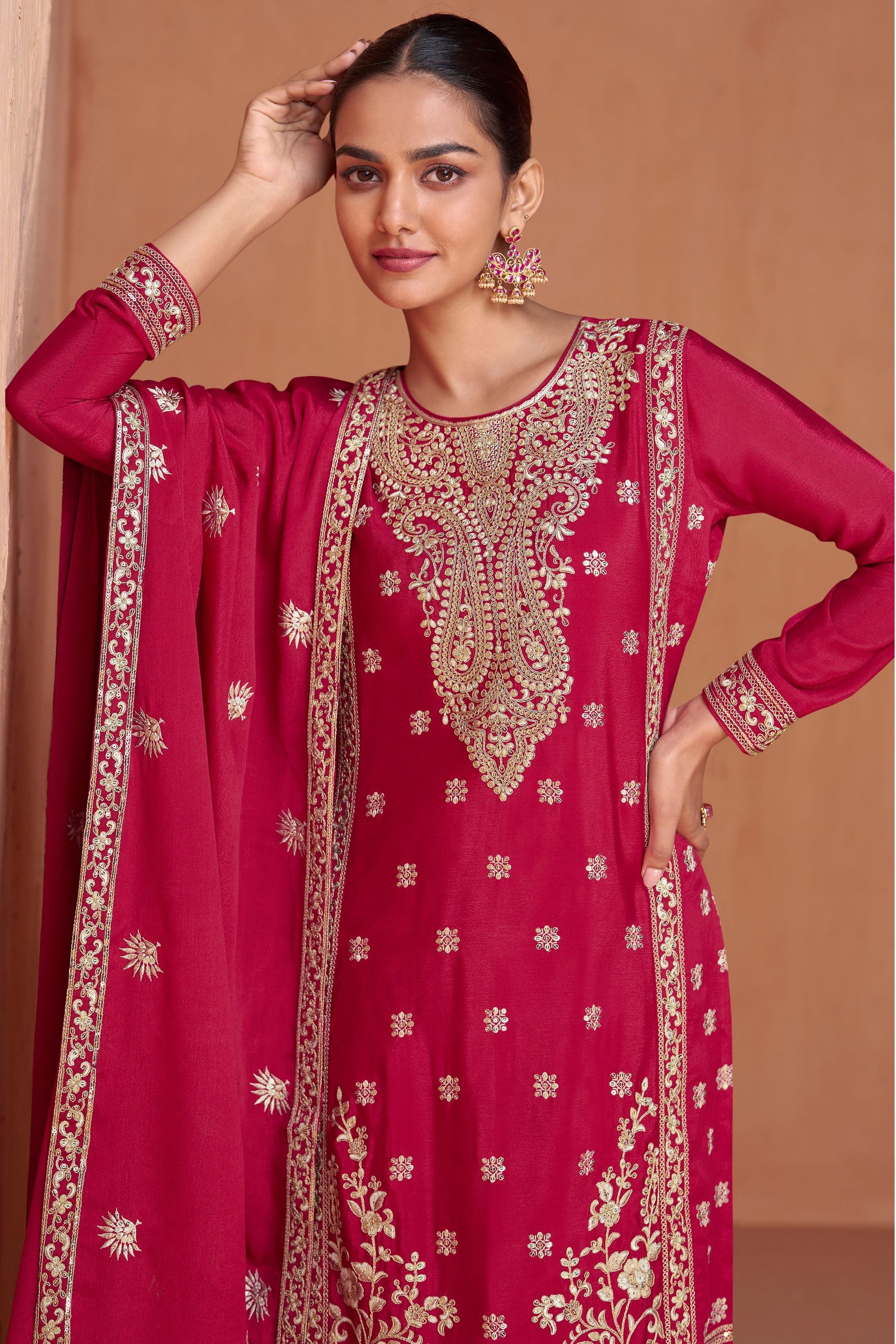 Red Chinon Silk Plazo Suits For Indian Festivals & Pakistani Weddings - Embroidery Work