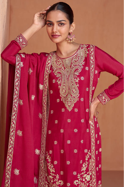 Red Chinon Silk Plazo Suits For Indian Festivals & Pakistani Weddings - Embroidery Work