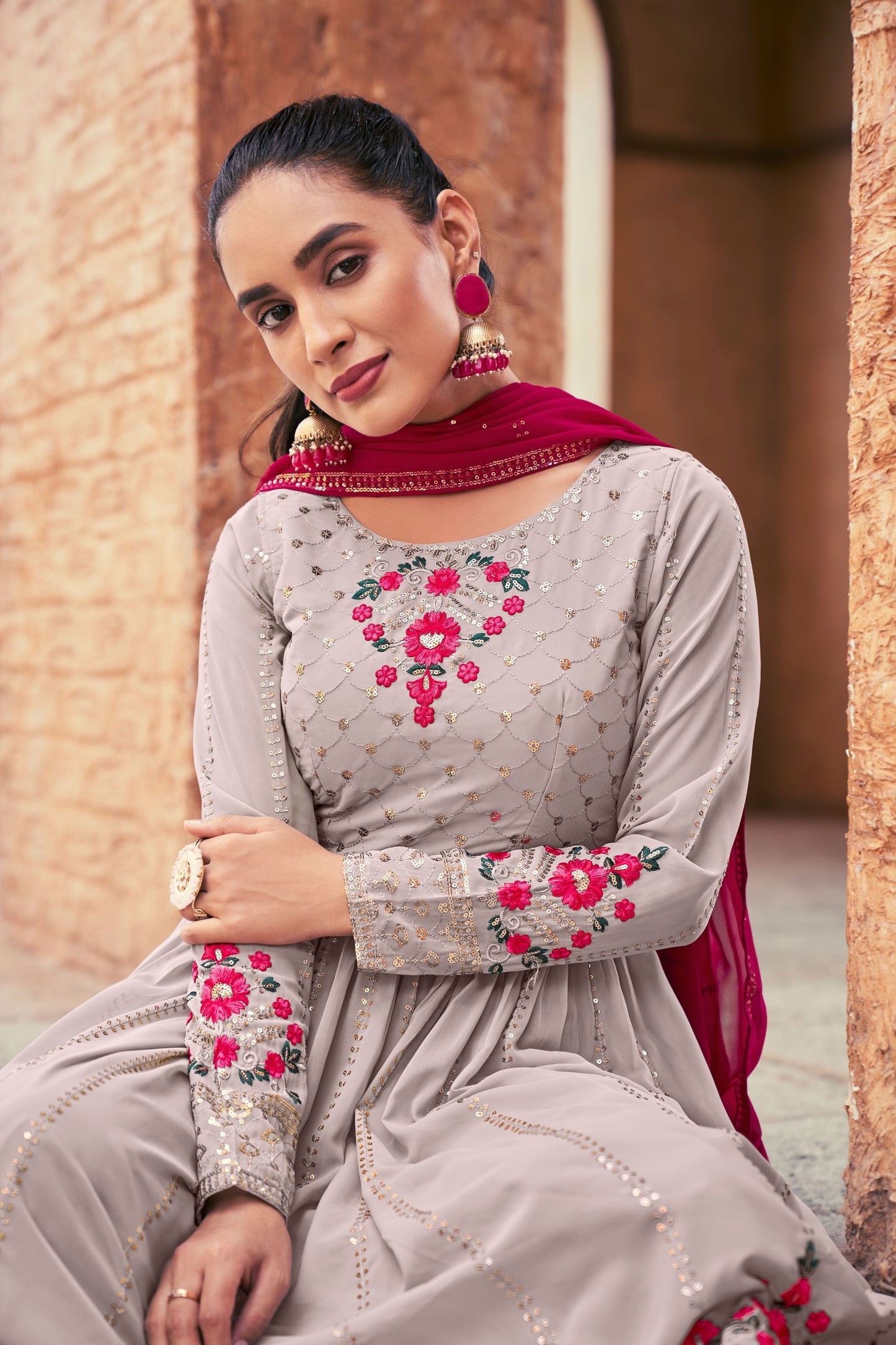 Gray Pakistani Georgette Plazo For Indian Festivals & Weddings - Sequence Embroidery Work, Thread Embroidery Work,