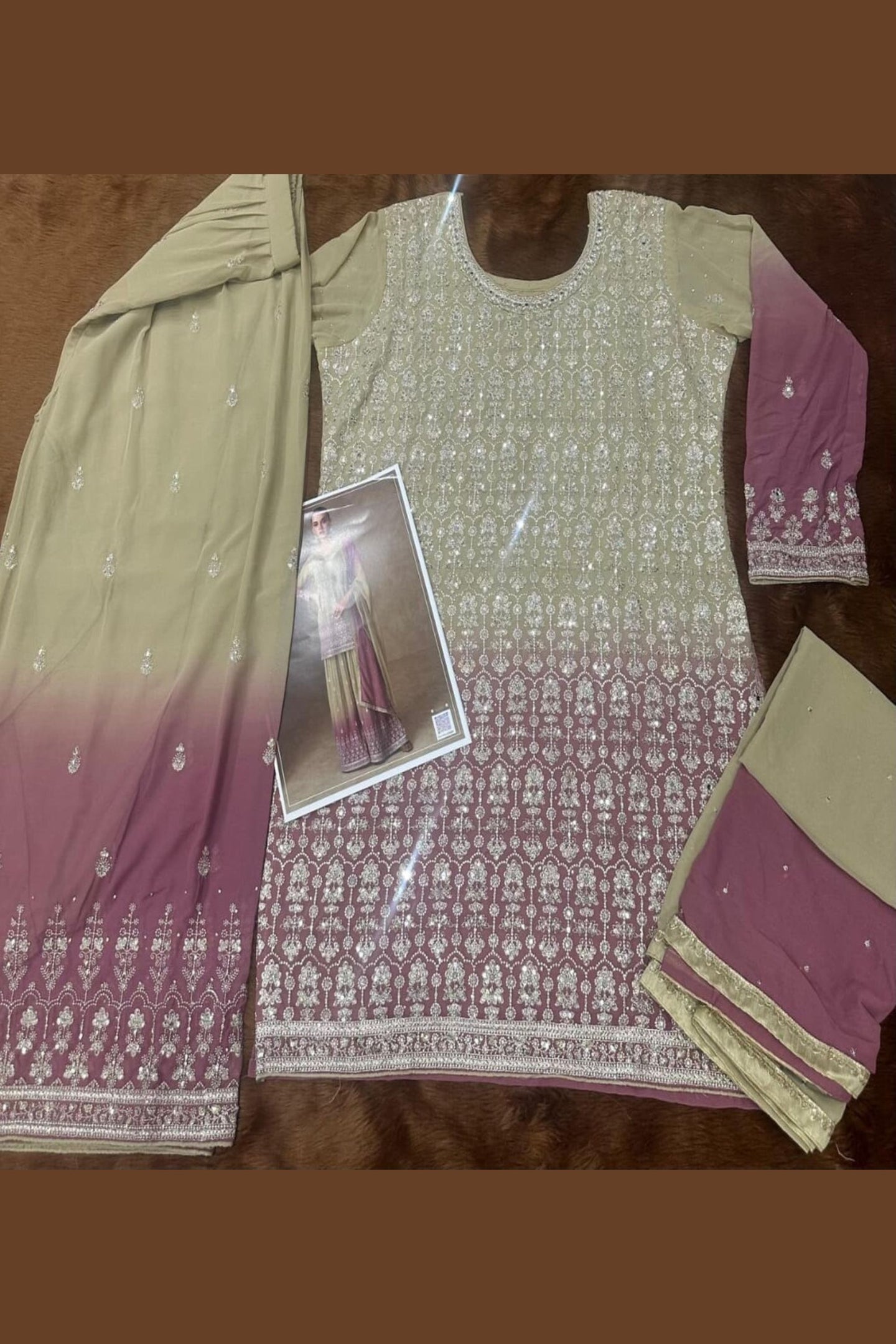Beige Georgette Dual Color Palazzo Suit For Indian & Pakistani Wedding Festival - Thread & Sequins Embroidery Work