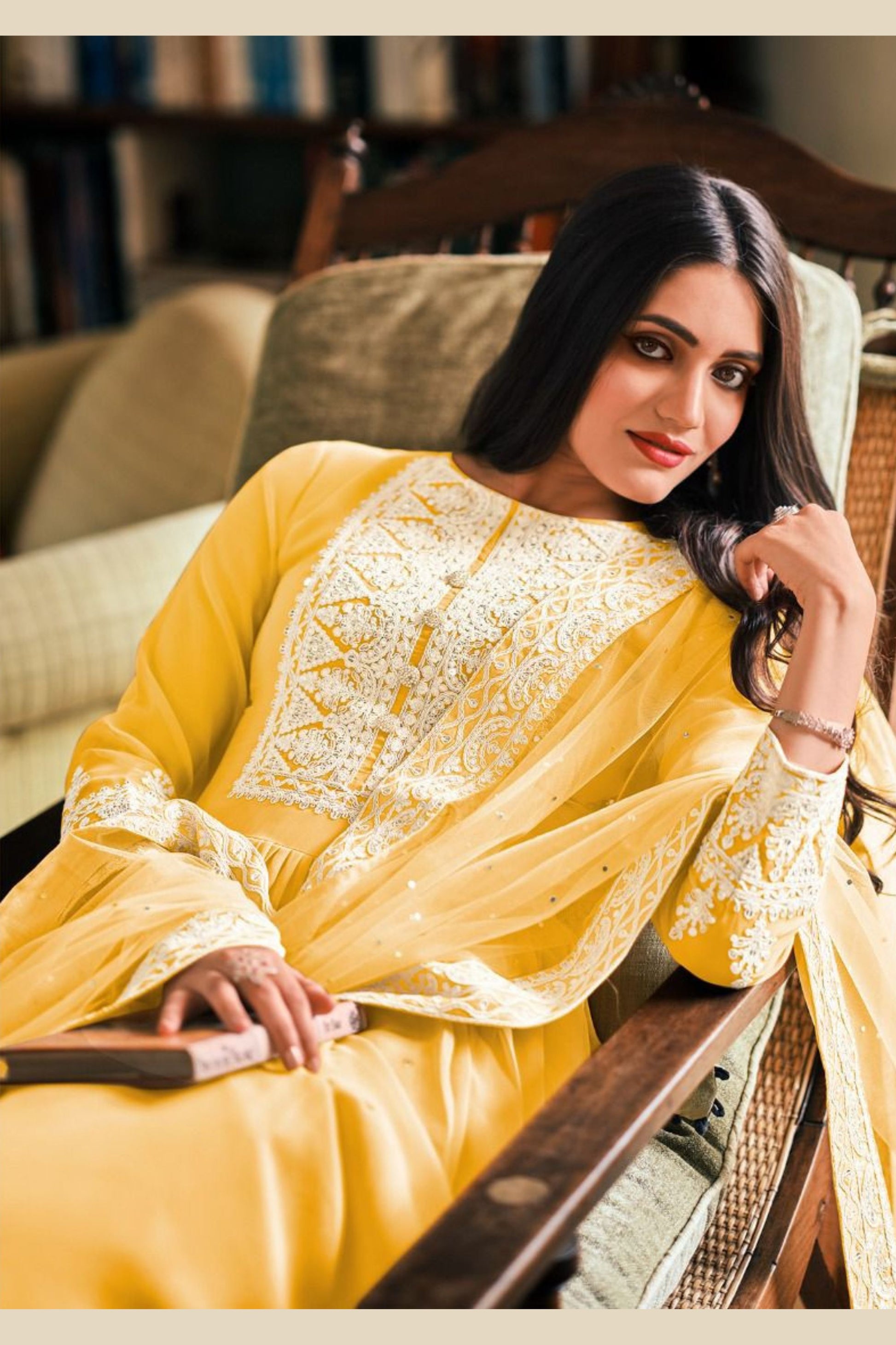 Yellow Georgette Kameez and Palazzo Suit For Indian Wedding & Festival - Embroidery Work