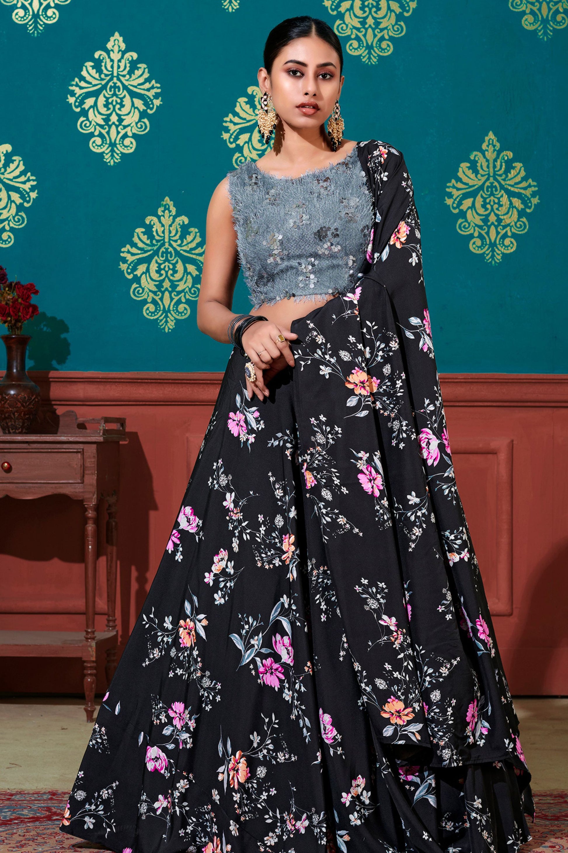 Black Pakistani Silk Lehenga Choli For Indian Festivals & Weddings - Print Work, Sequence Embroidery Work,