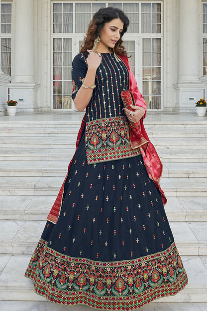 Navy Blue Pakistani Chinon Lehenga Choli For Indian Festivals & Weddings - Sequence Embroidery Work, Thread Embroidery Work,