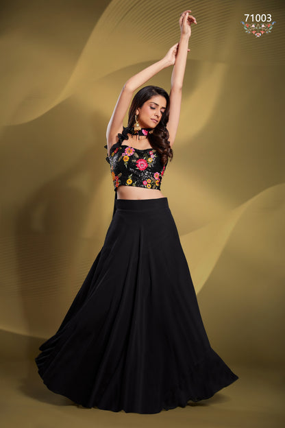 Black Pakistani Georgette Lehenga Choli For Indian Festivals & Weddings - Sequence Embroidery Work, Thread Embroidery Work,