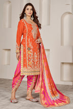 Orange Chinon Silk Salwar Kameez with Dhoti Tulip for Indian Festival & Pakistani Wedding - Sequence Embroidery Work, Dori Work, Print Work, Mirror Work