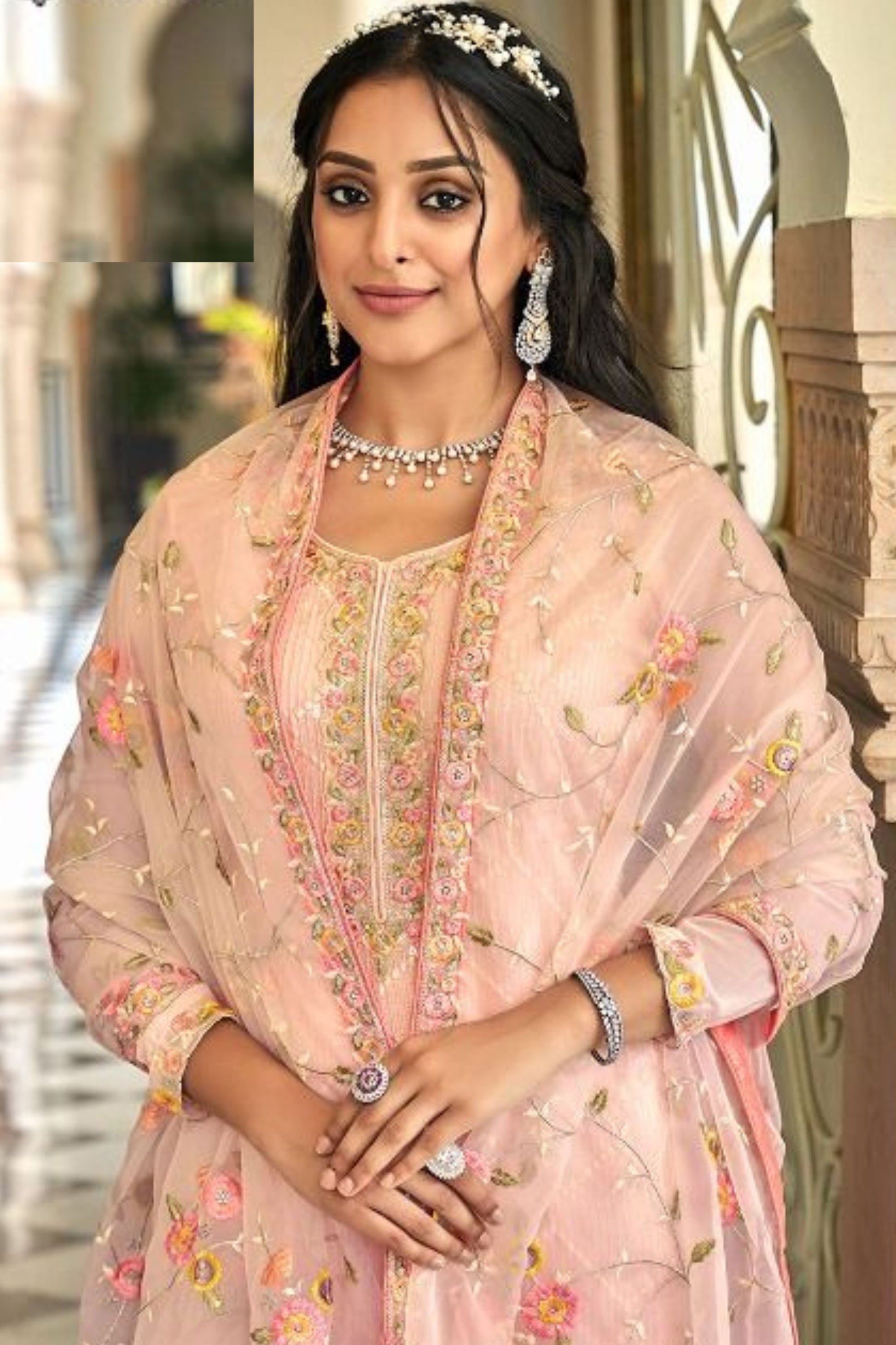 Light Peach Georgette with Chinon Silk Kameez with Pant For Indian Suit Festivals & Pakistani Weddings - Embroidery Work