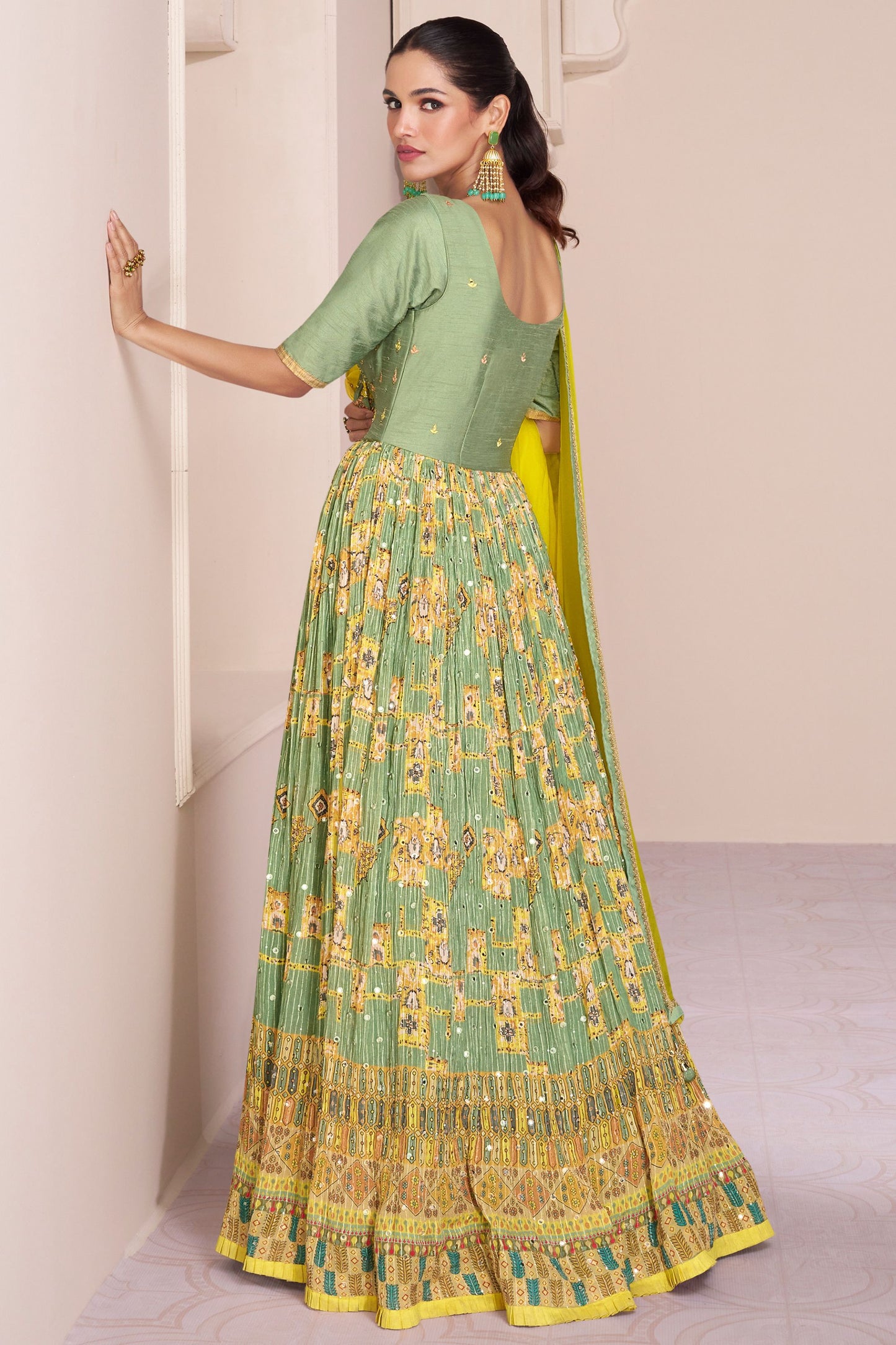 Light Green Georgette & Chinon Silk Anarkali Gown For Indian Festivals & Pakistani Weddings Dress - Embroidery Work, Print Work