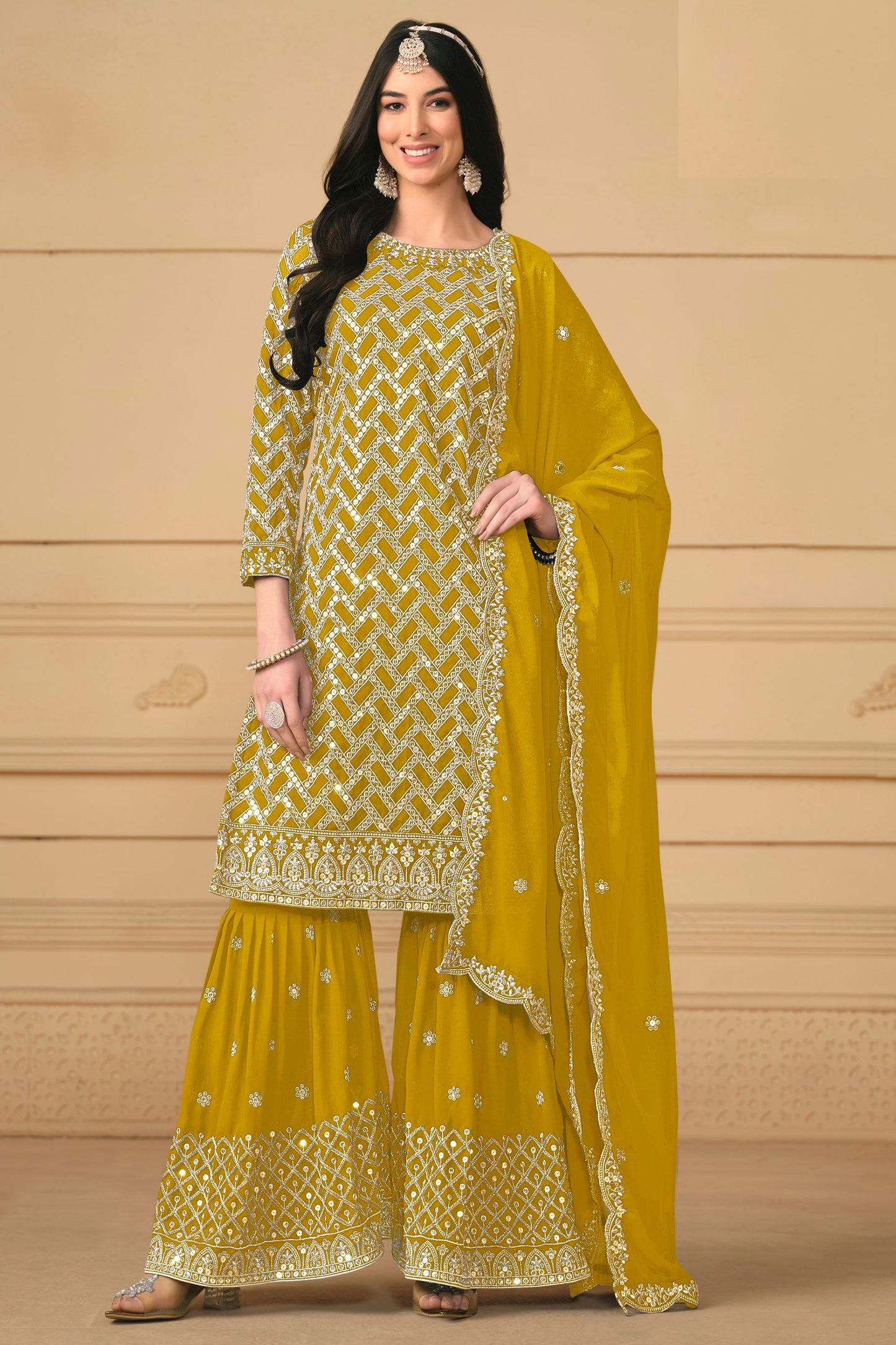 Golden Georgette Sharara Suit Dress For Indian Festivals & Weddings - Embroidery Work