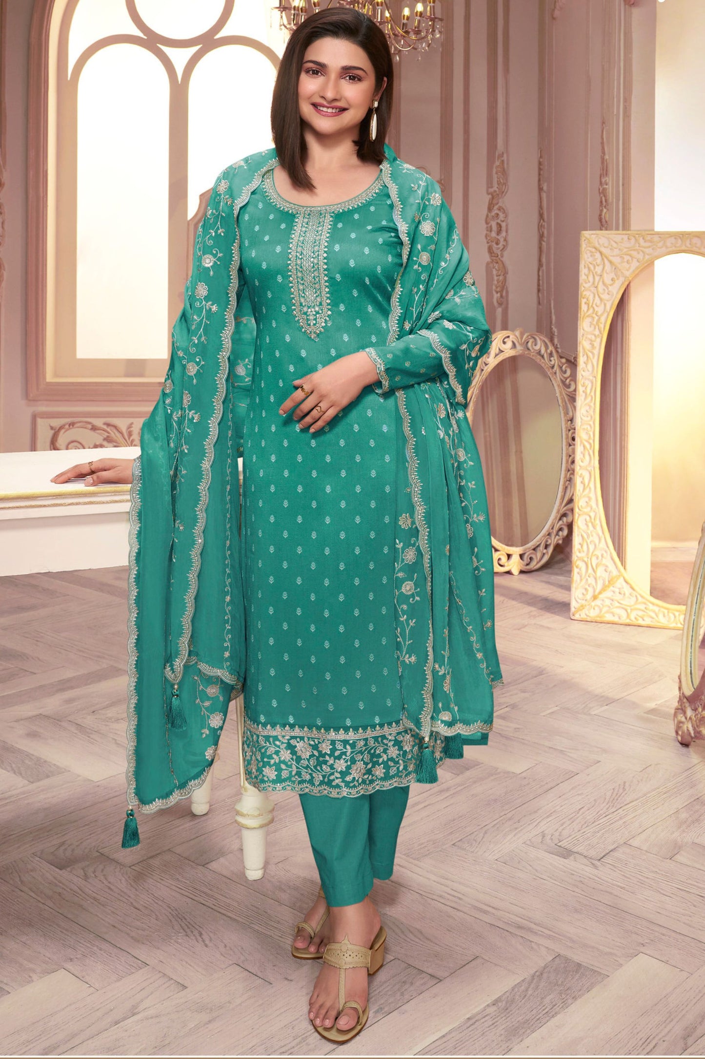 Light Teal Green Georgette Silk Kameez with Pant For Indian Suit Festivals & Pakistani Weddings - Embroidery Work