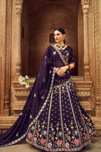 Purple Georgette Floral Embroidered Lehengas Choli For Indian Festivals & Weddings - Sequence Embroidery Work, Thread Work