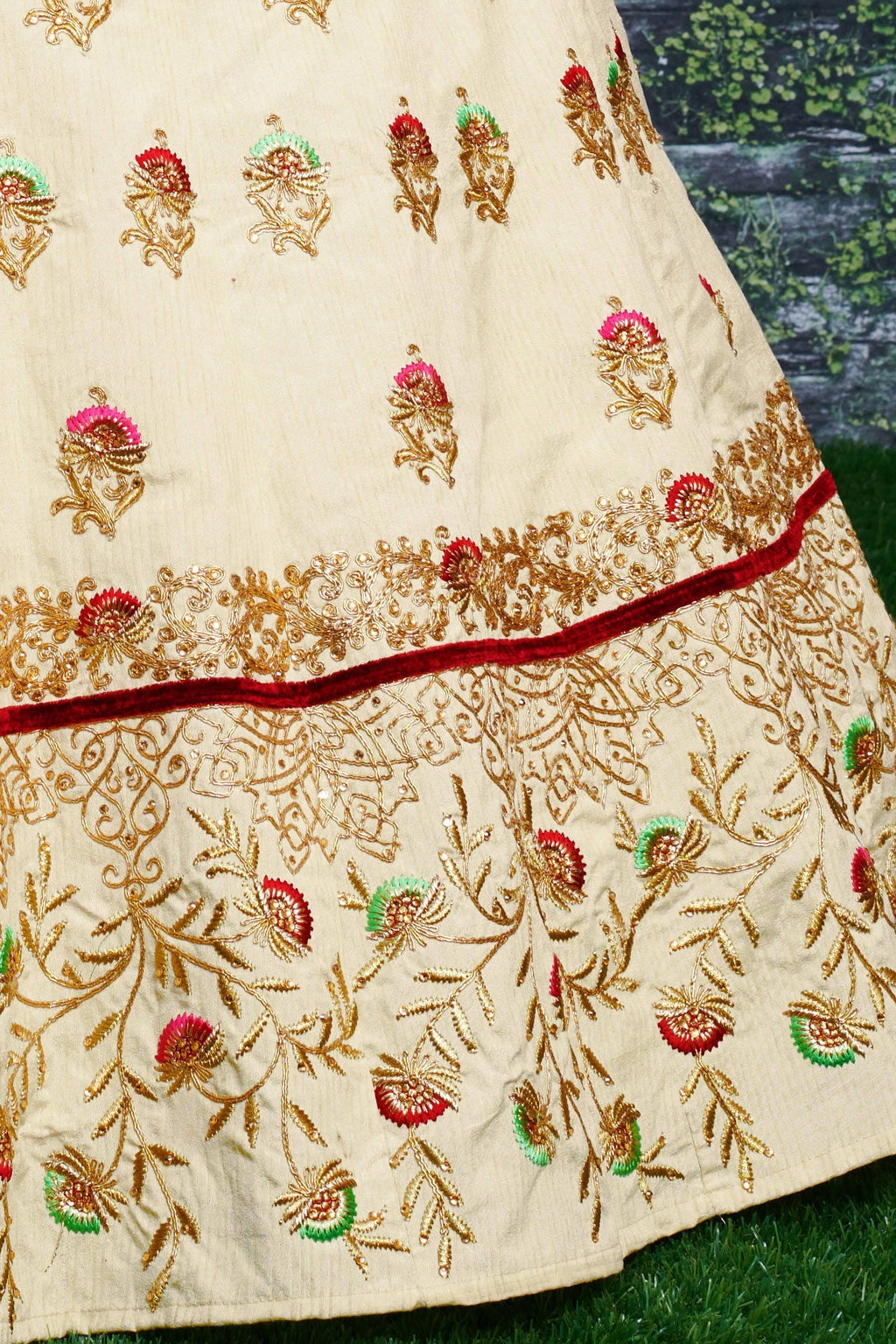 Off White Ghagra Choli for Ladies in Slub Silk with Dori, Zari Work & Sequin