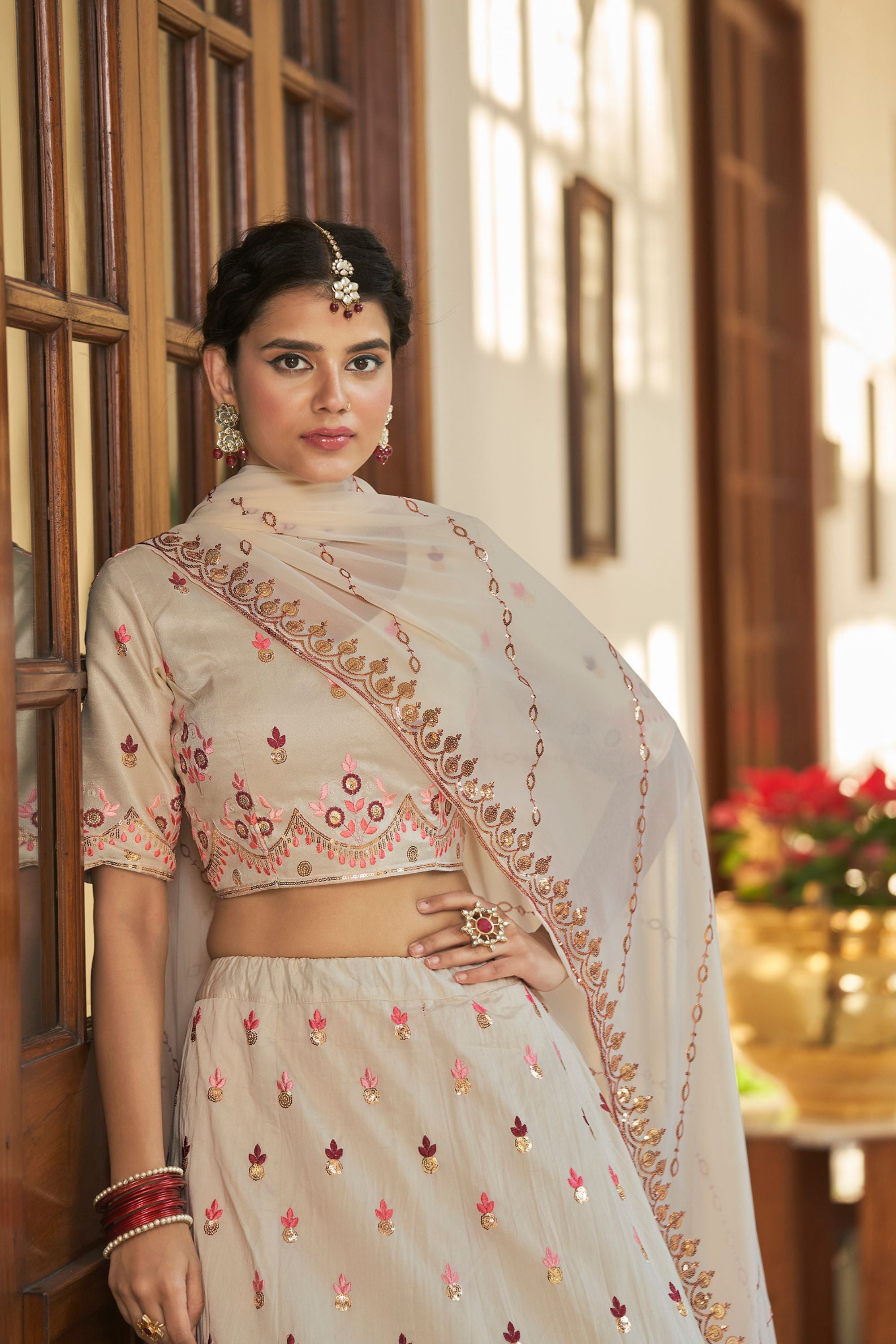 White Art Silk Lehenga Choli For Indian Festivals & Weddings - Sequence Embroidery Work, Thread Work